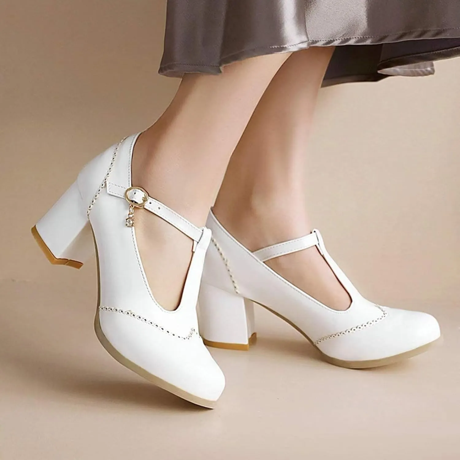 Agodor Women's T Strap Mary Jane Wingtip Oxford Shoes Chunky Heel Patent Leather Pumps