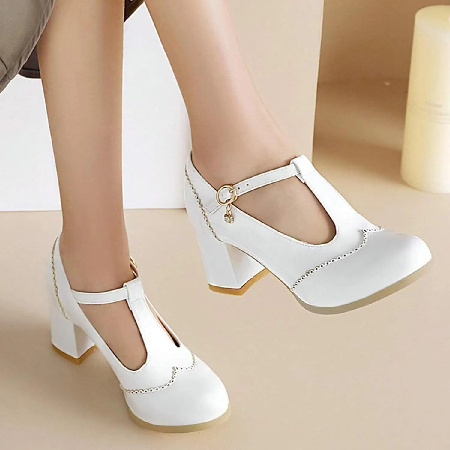 Agodor Women's T Strap Mary Jane Wingtip Oxford Shoes Chunky Heel Patent Leather Pumps