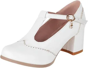Agodor Women's T Strap Mary Jane Wingtip Oxford Shoes Chunky Heel Patent Leather Pumps