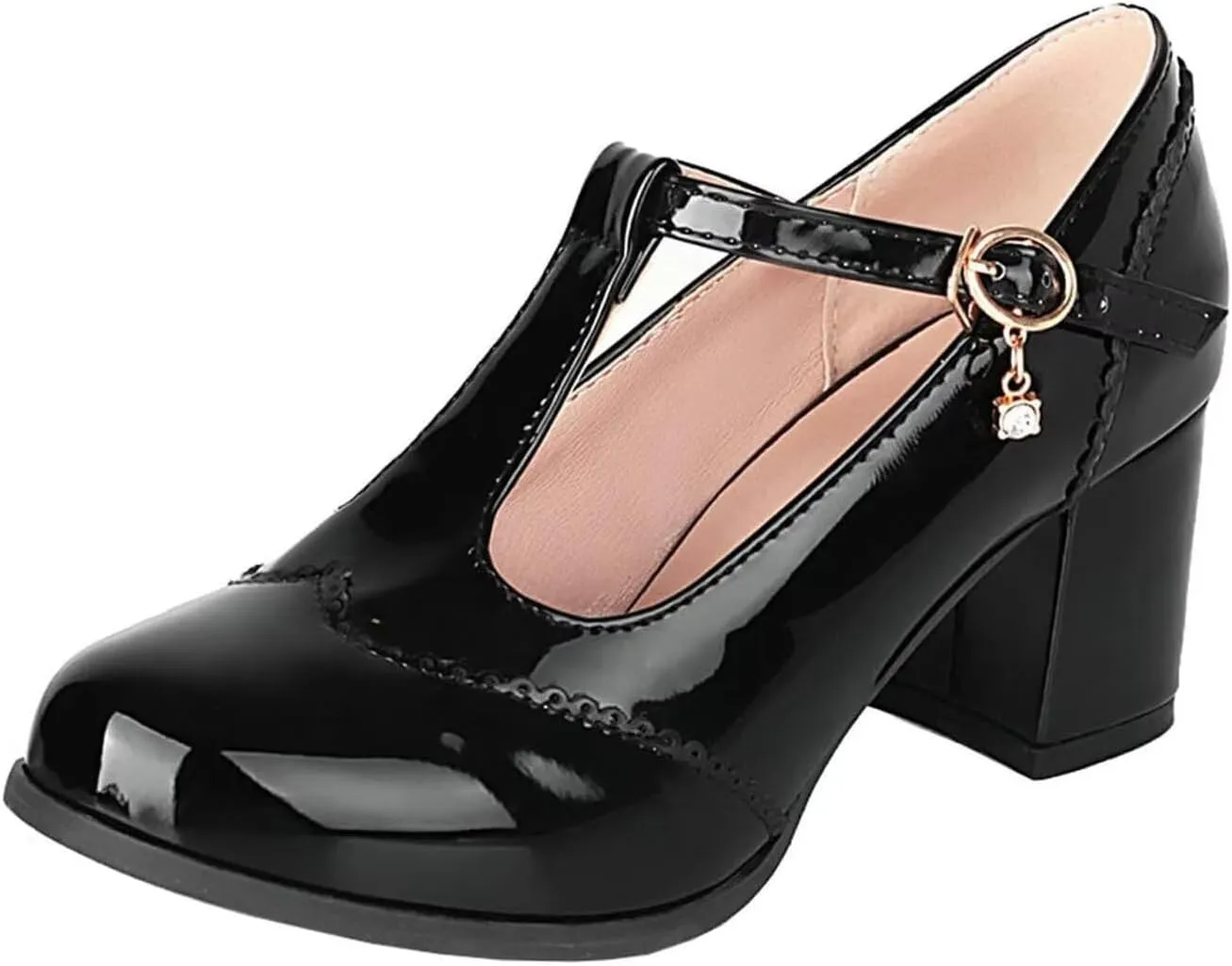 Agodor Women's T Strap Mary Jane Wingtip Oxford Shoes Chunky Heel Patent Leather Pumps