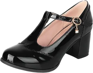 Agodor Women's T Strap Mary Jane Wingtip Oxford Shoes Chunky Heel Patent Leather Pumps