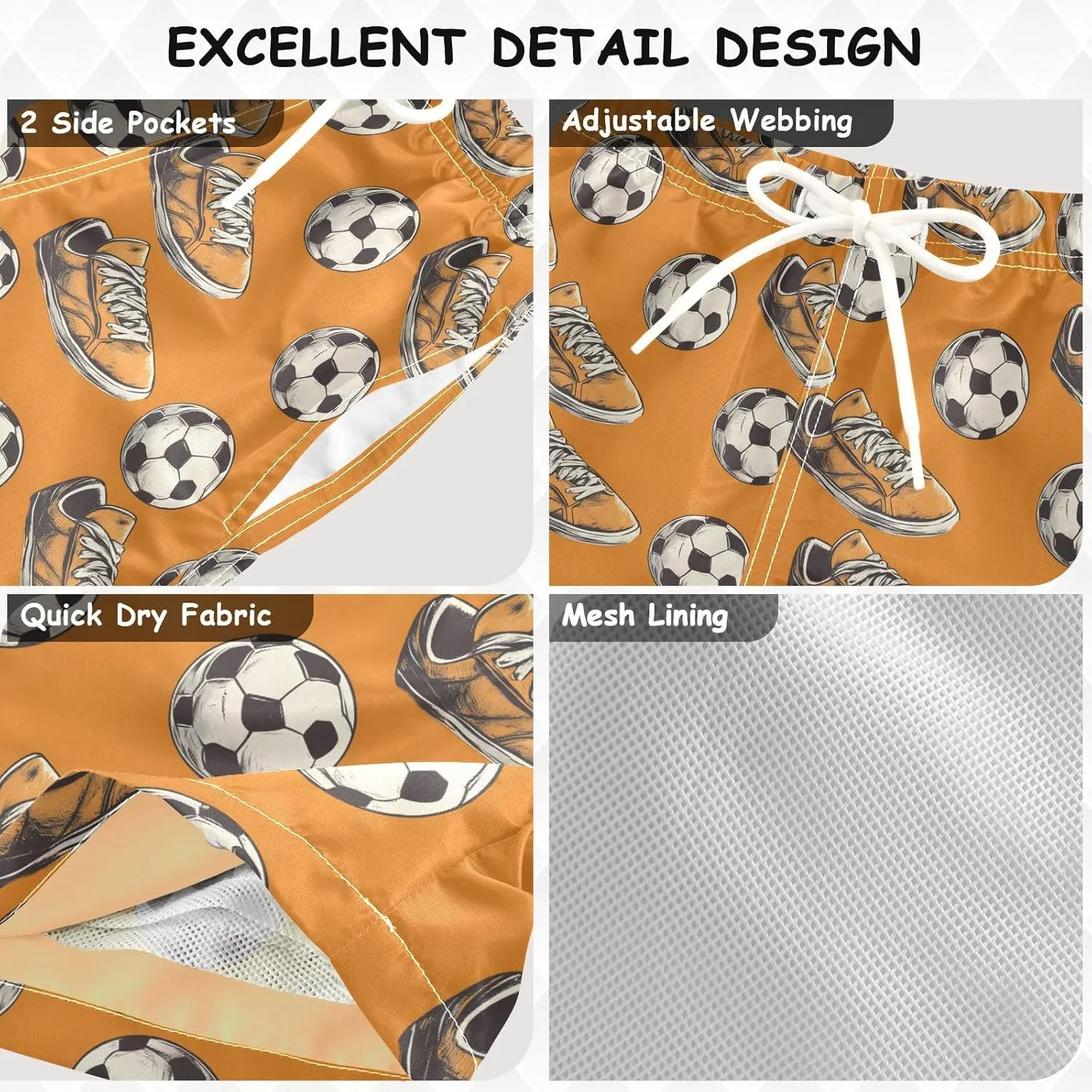 ALAZA Orange Shoes Football Soccer Boys Quick Dry Beach Board Shorts Kids Swim Trunks Bathing Suit Swimsuit
