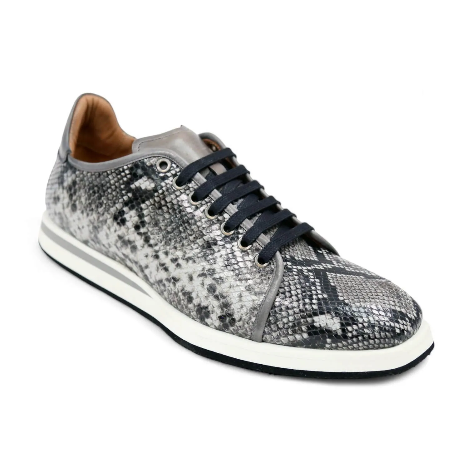 Ambrogio Men's Shoes White & Gray Snake-Print Leather Casual Sneakers (AMZ1008)