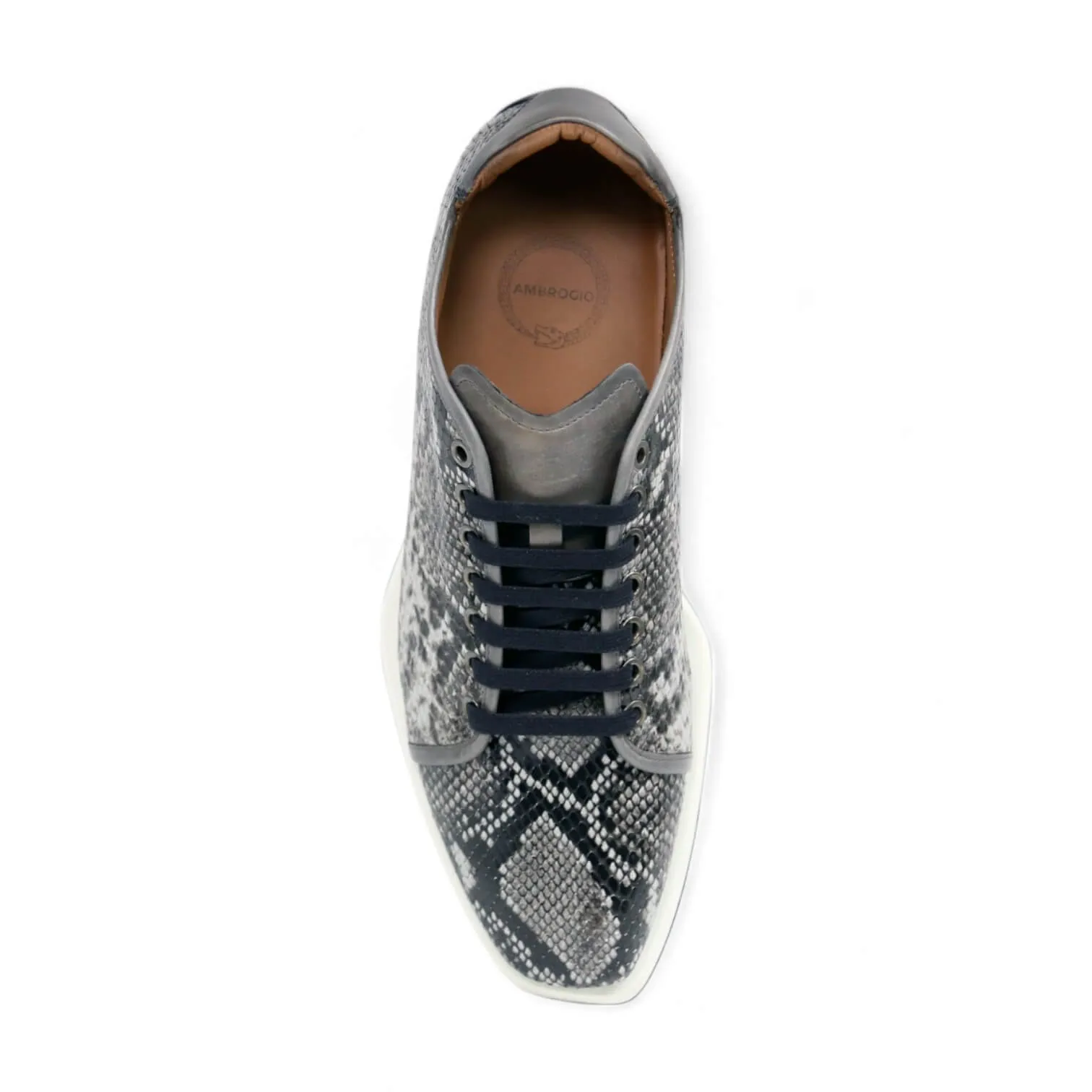 Ambrogio Men's Shoes White & Gray Snake-Print Leather Casual Sneakers (AMZ1008)