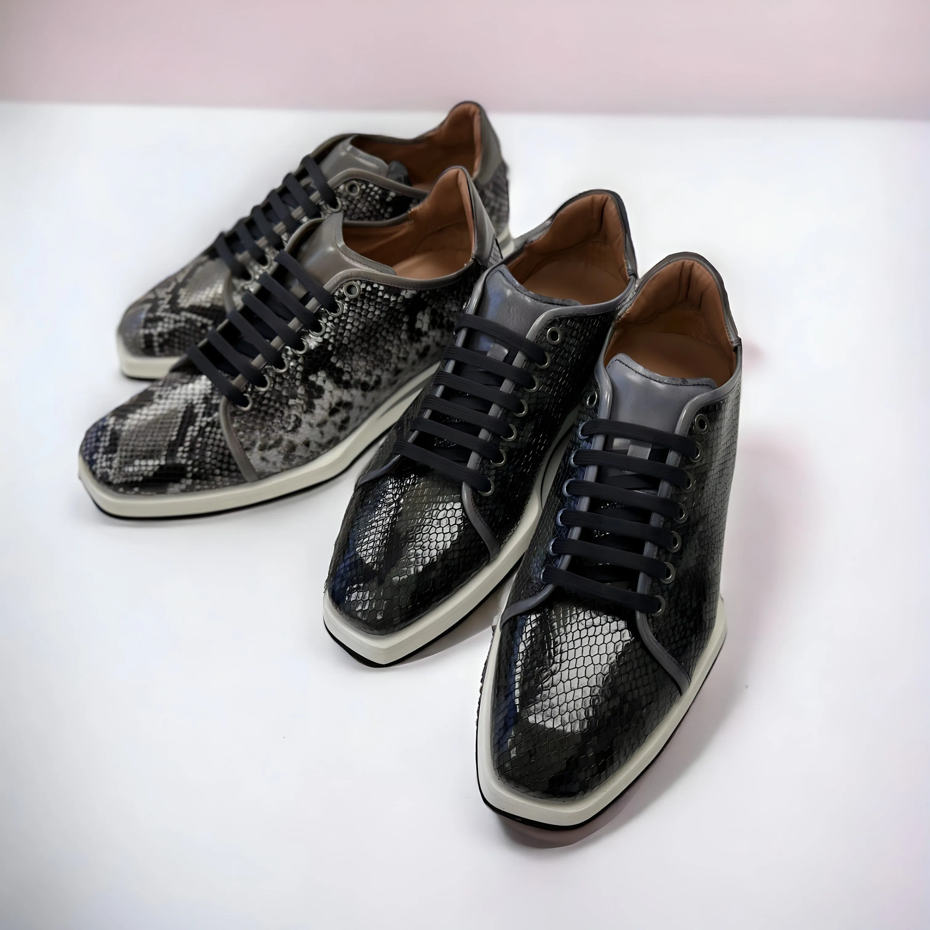 Ambrogio Men's Shoes White & Gray Snake-Print Leather Casual Sneakers (AMZ1008)