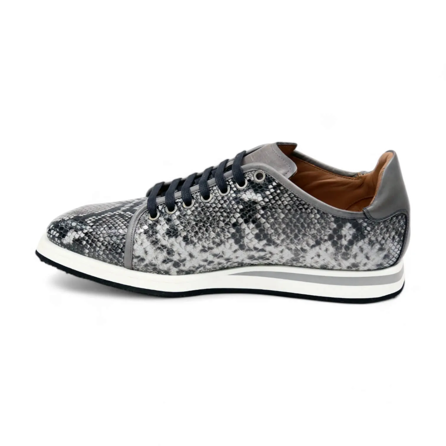 Ambrogio Men's Shoes White & Gray Snake-Print Leather Casual Sneakers (AMZ1008)