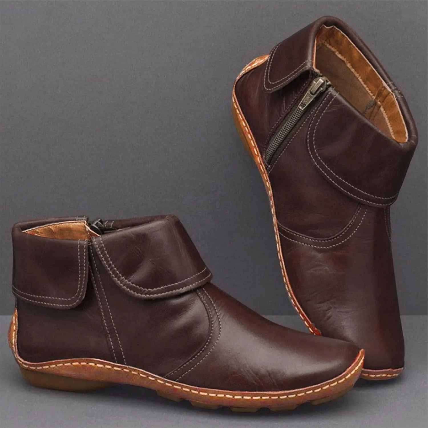 Ankle Booties for Women Side Zipper Vintage Leather Boots No Heel Arch Support Booties Flat Heel Casual Boots