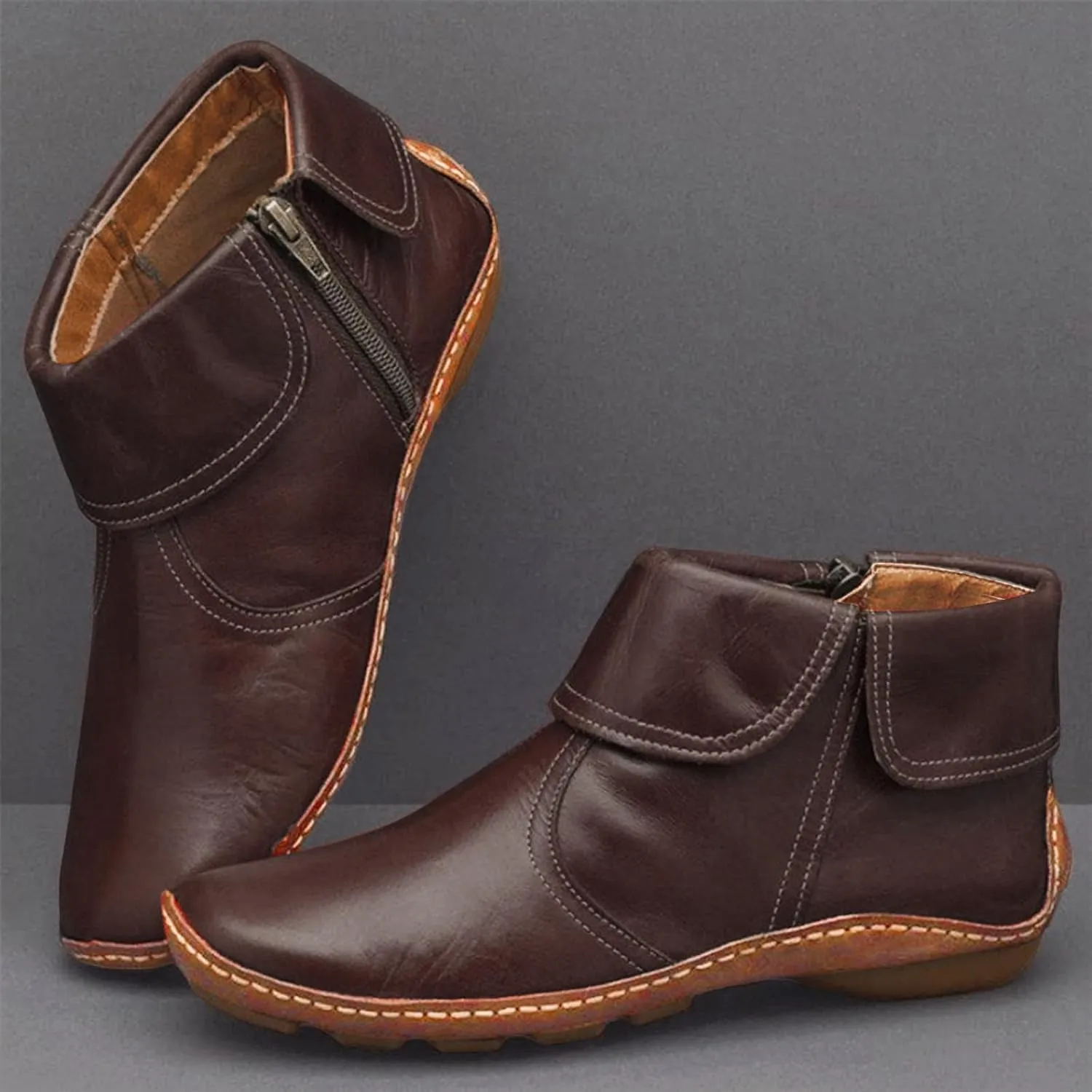 Ankle Booties for Women Side Zipper Vintage Leather Boots No Heel Arch Support Booties Flat Heel Casual Boots