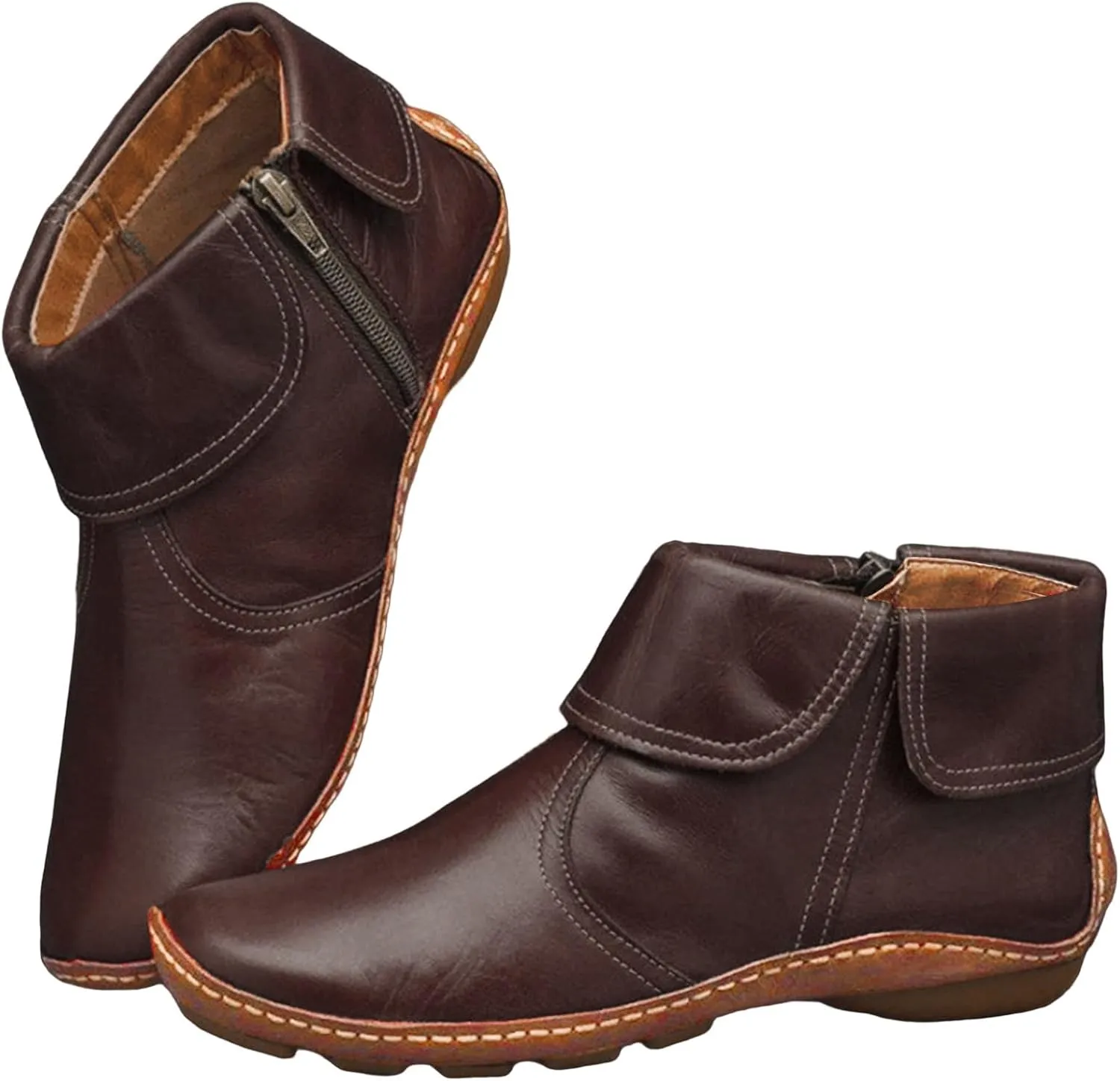 Ankle Booties for Women Side Zipper Vintage Leather Boots No Heel Arch Support Booties Flat Heel Casual Boots
