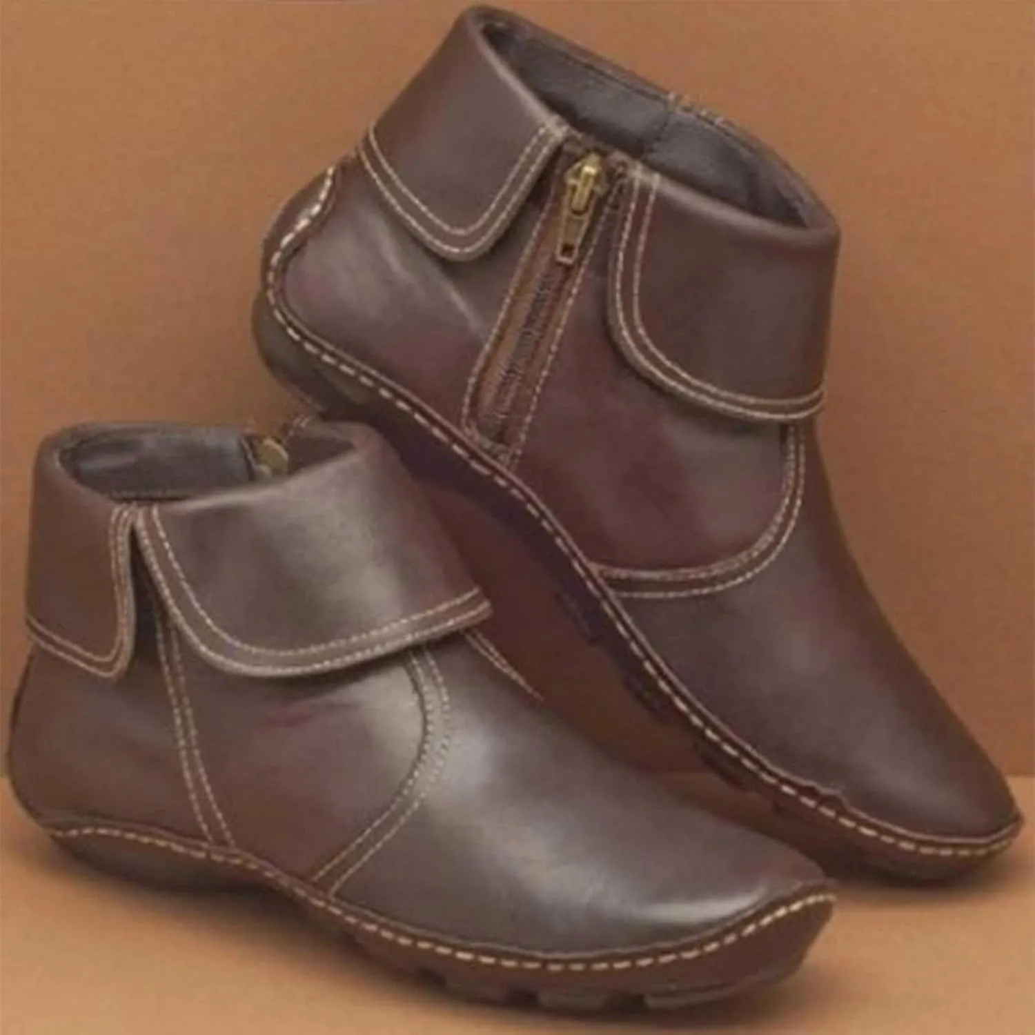 Ankle Boots for Women Brown Booties for Women Comfortable Boots for Women Flat Boot Laces Lightweight Cute Round Toe Cut Out Chunky Stacked Heel Slip on