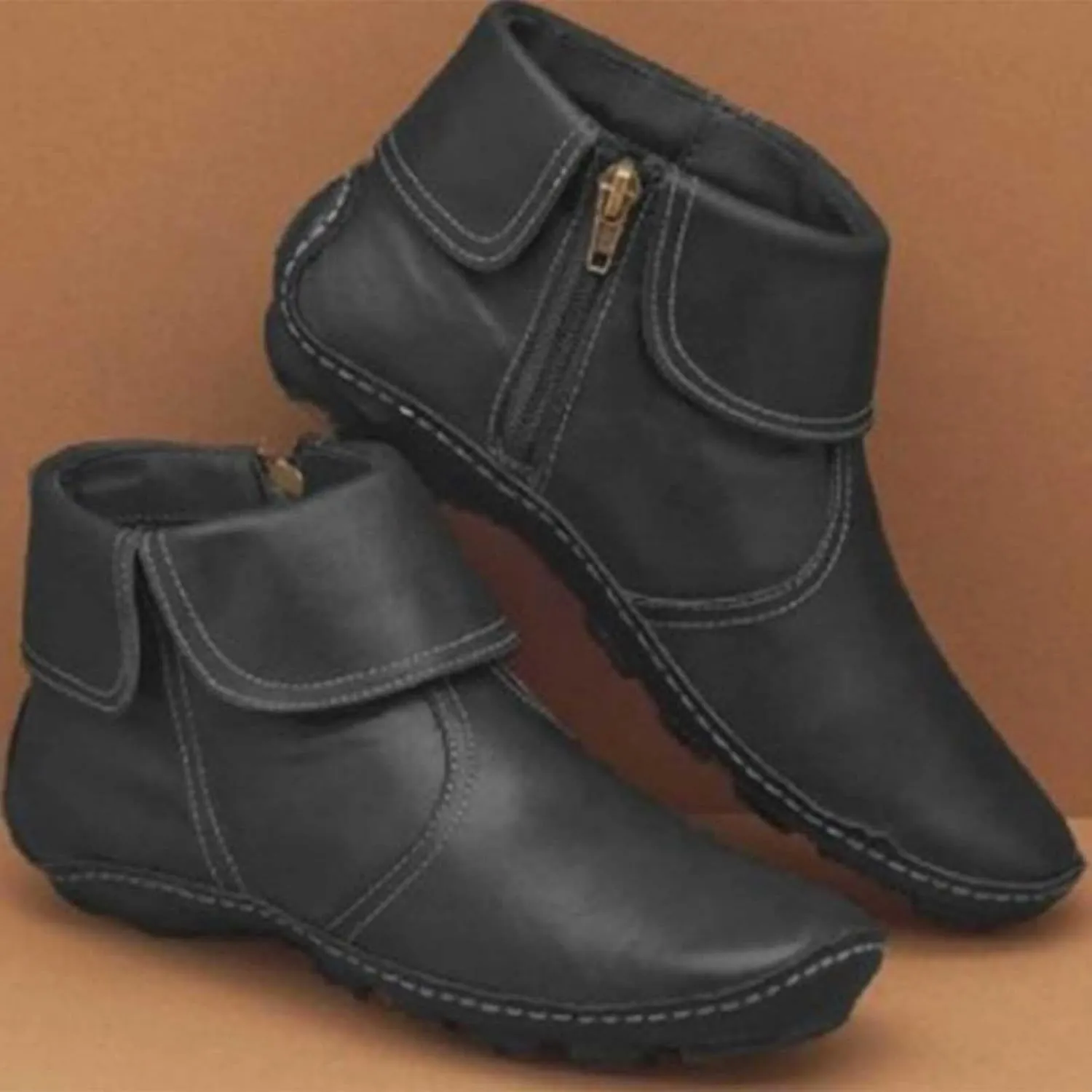 Ankle Boots for Women Brown Booties for Women Comfortable Boots for Women Flat Boot Laces Lightweight Cute Round Toe Cut Out Chunky Stacked Heel Slip on