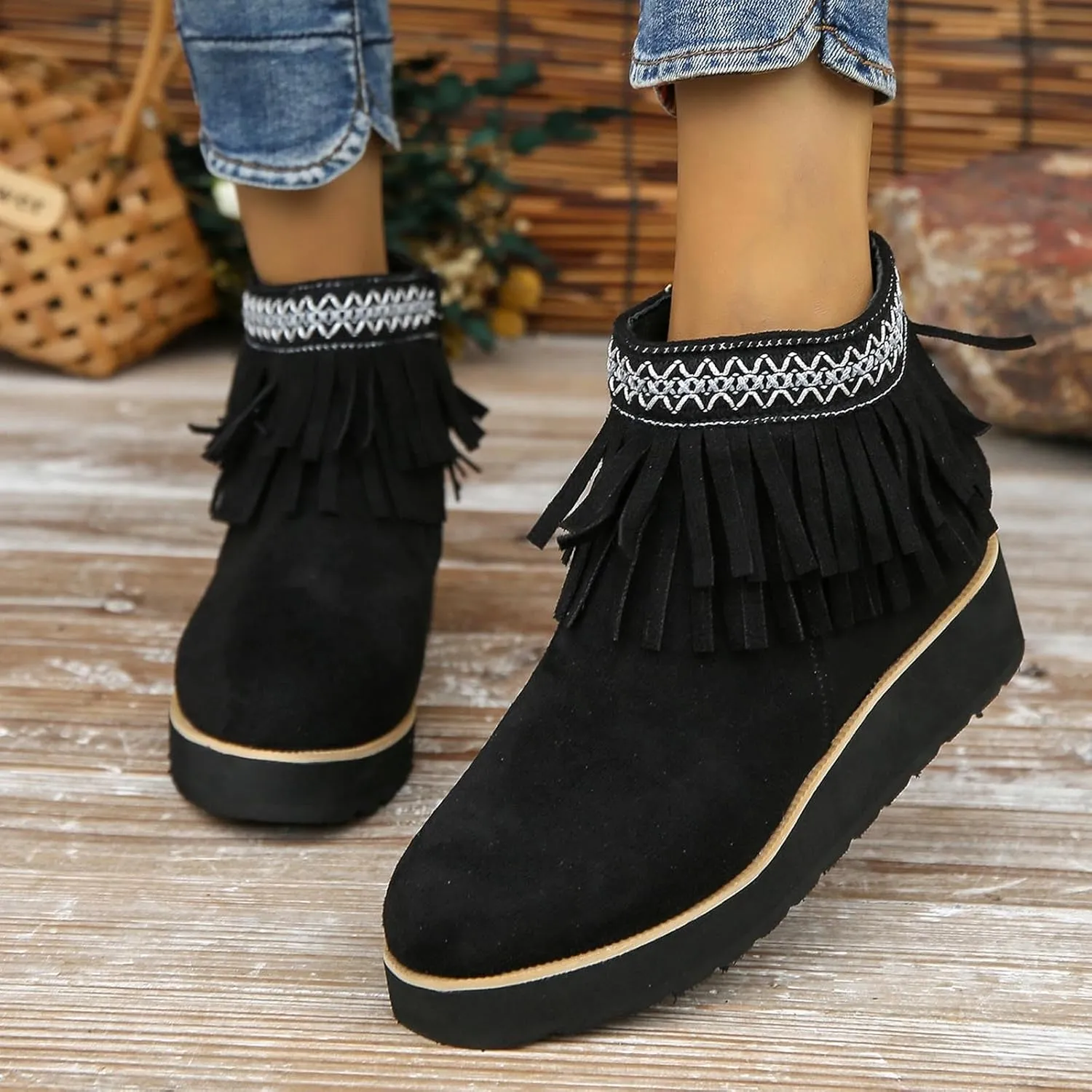 Ankle Boots for Women Dressy Platform Boots Comfortable Soft Sole Chunky Slope Heel Fringe Frosted Suede Booties