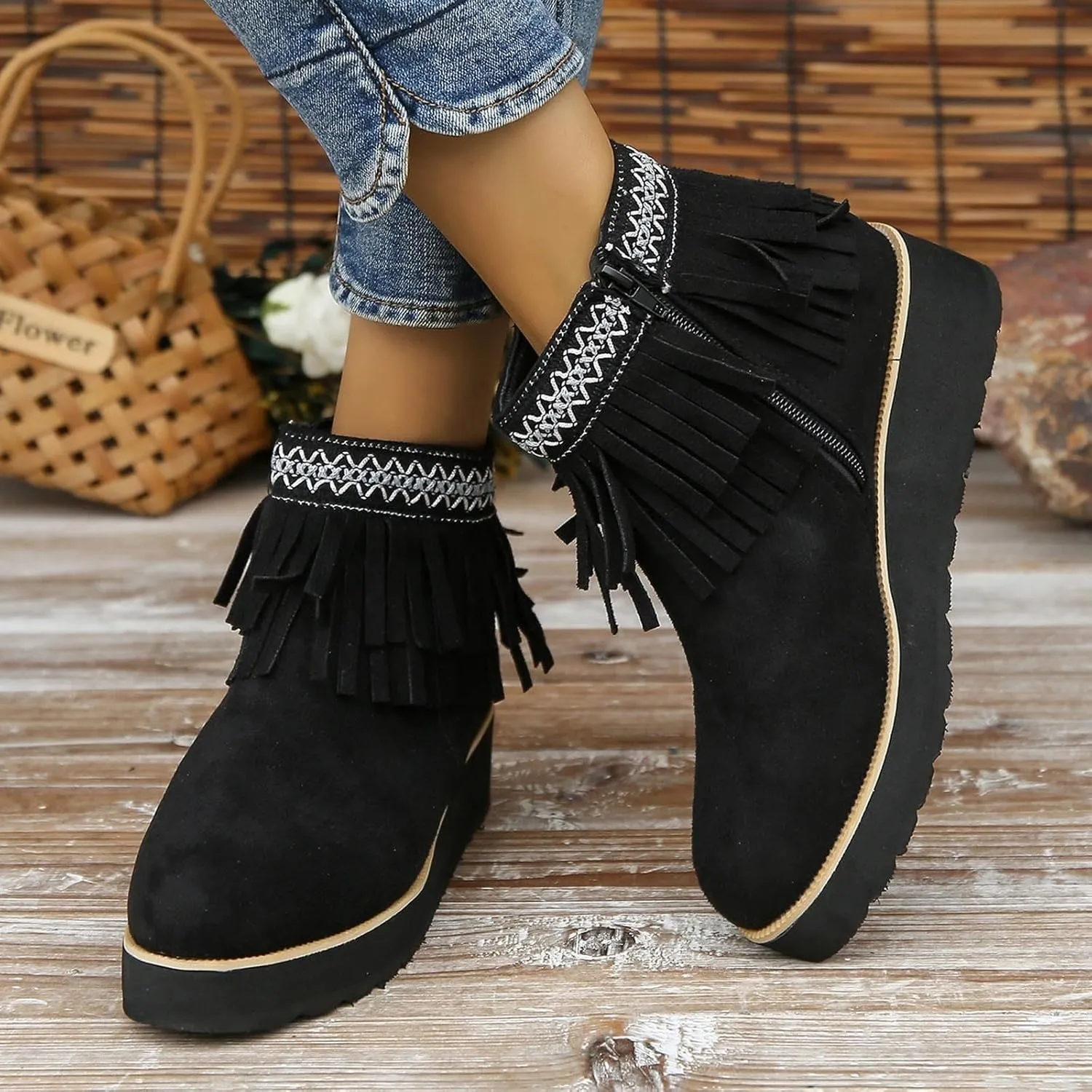 Ankle Boots for Women Dressy Platform Boots Comfortable Soft Sole Chunky Slope Heel Fringe Frosted Suede Booties