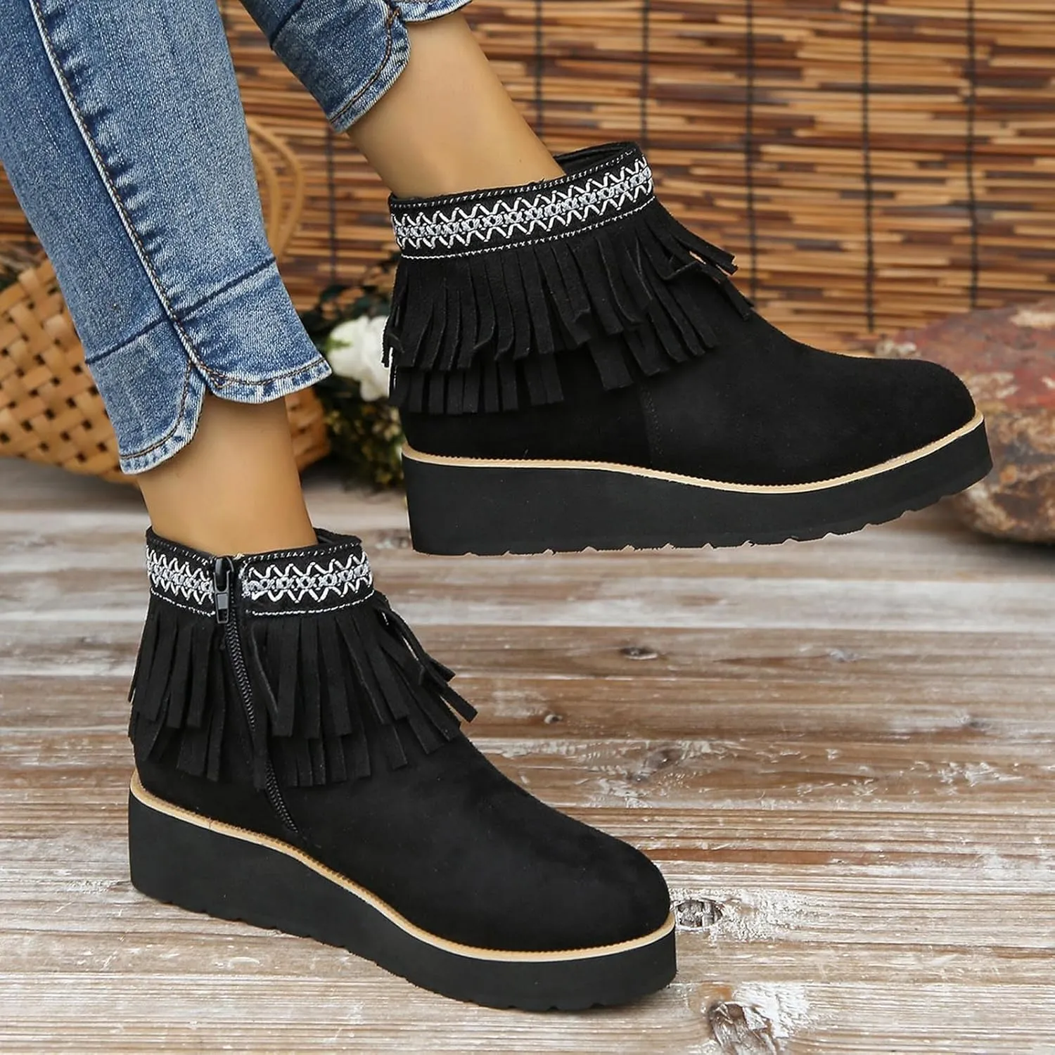 Ankle Boots for Women Dressy Platform Boots Comfortable Soft Sole Chunky Slope Heel Fringe Frosted Suede Booties
