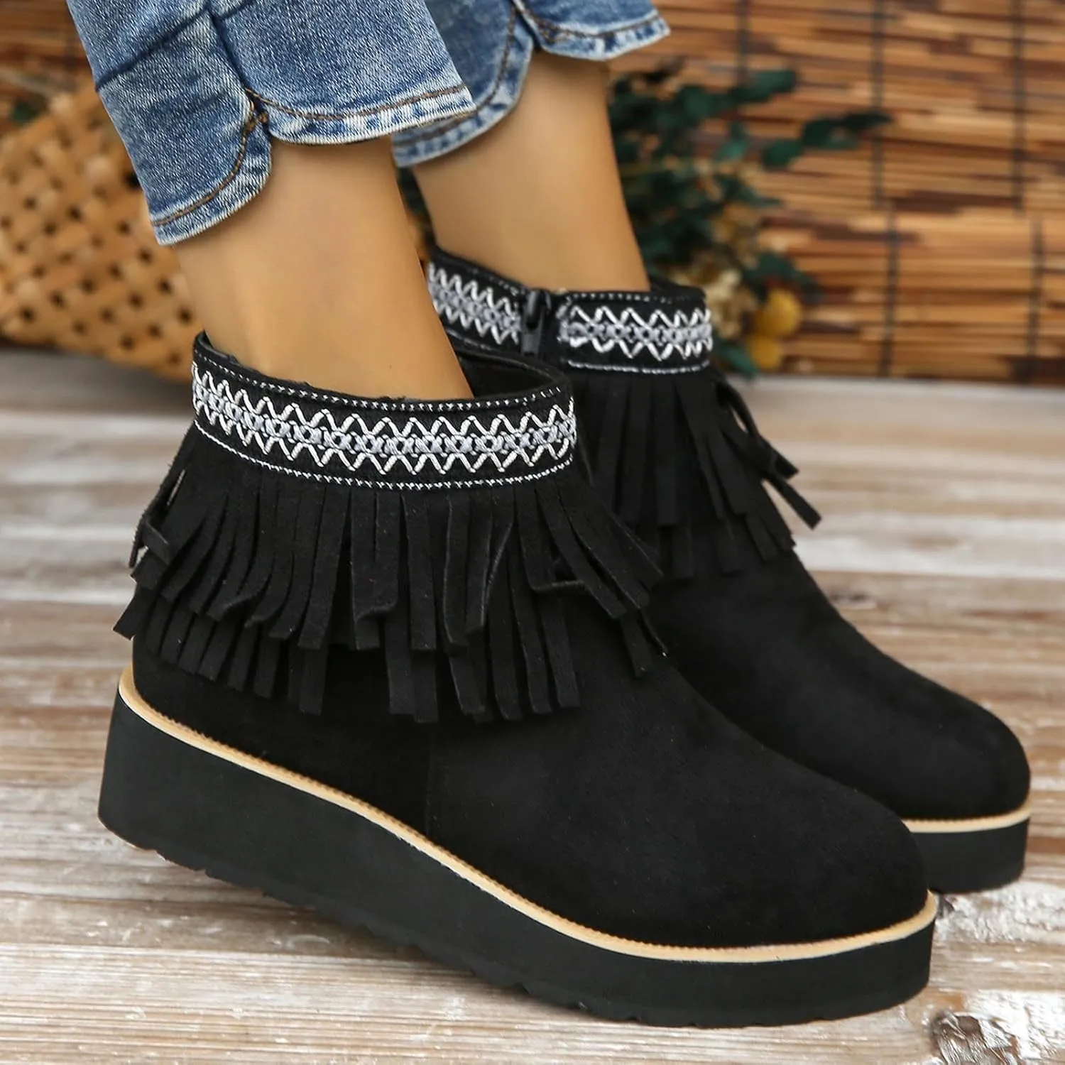 Ankle Boots for Women Dressy Platform Boots Comfortable Soft Sole Chunky Slope Heel Fringe Frosted Suede Booties