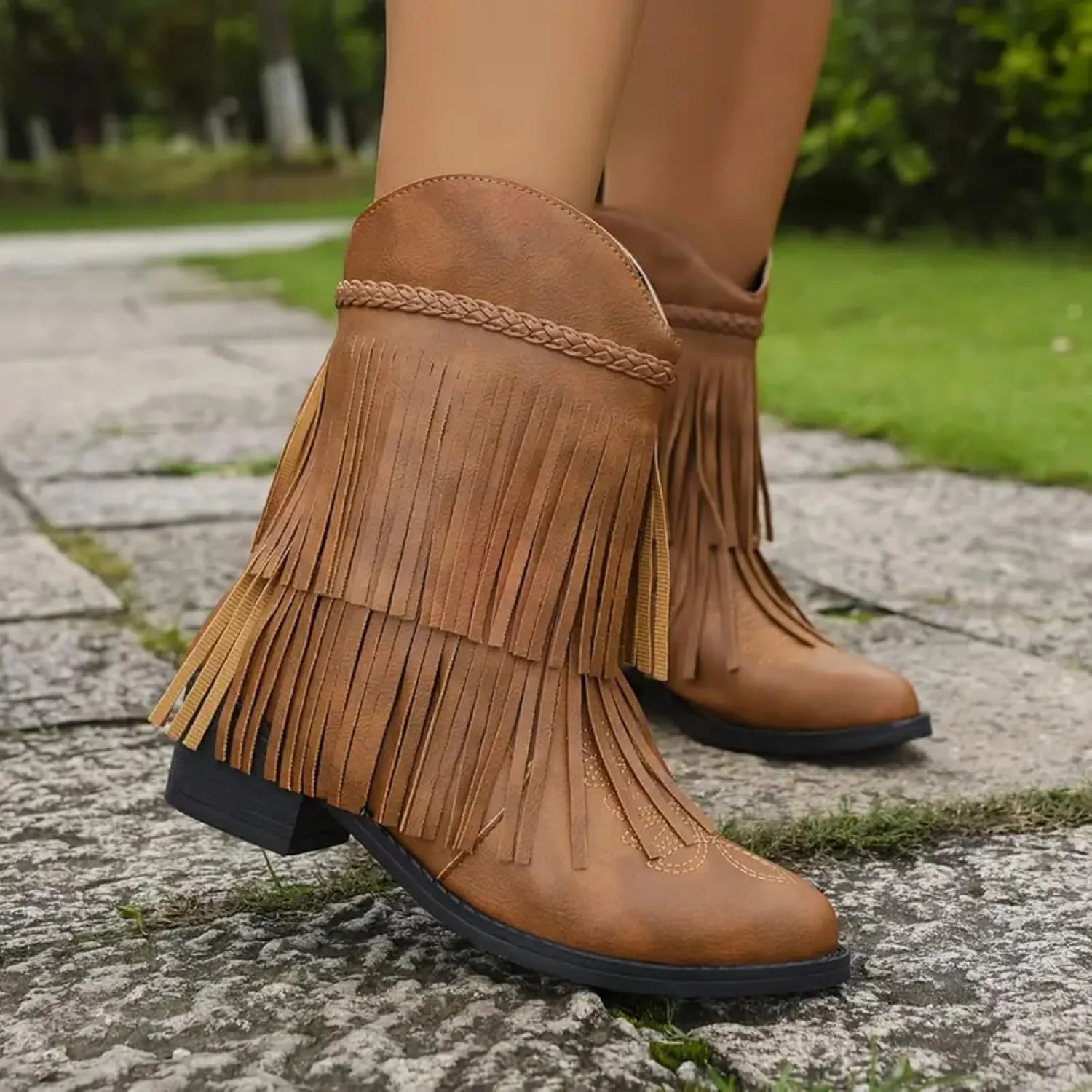 Ankle Boots for Women Dressy Winter Boots for Women 2024 Large Size V Cutout Tassel Chunky Heel Sleeve Short Booties