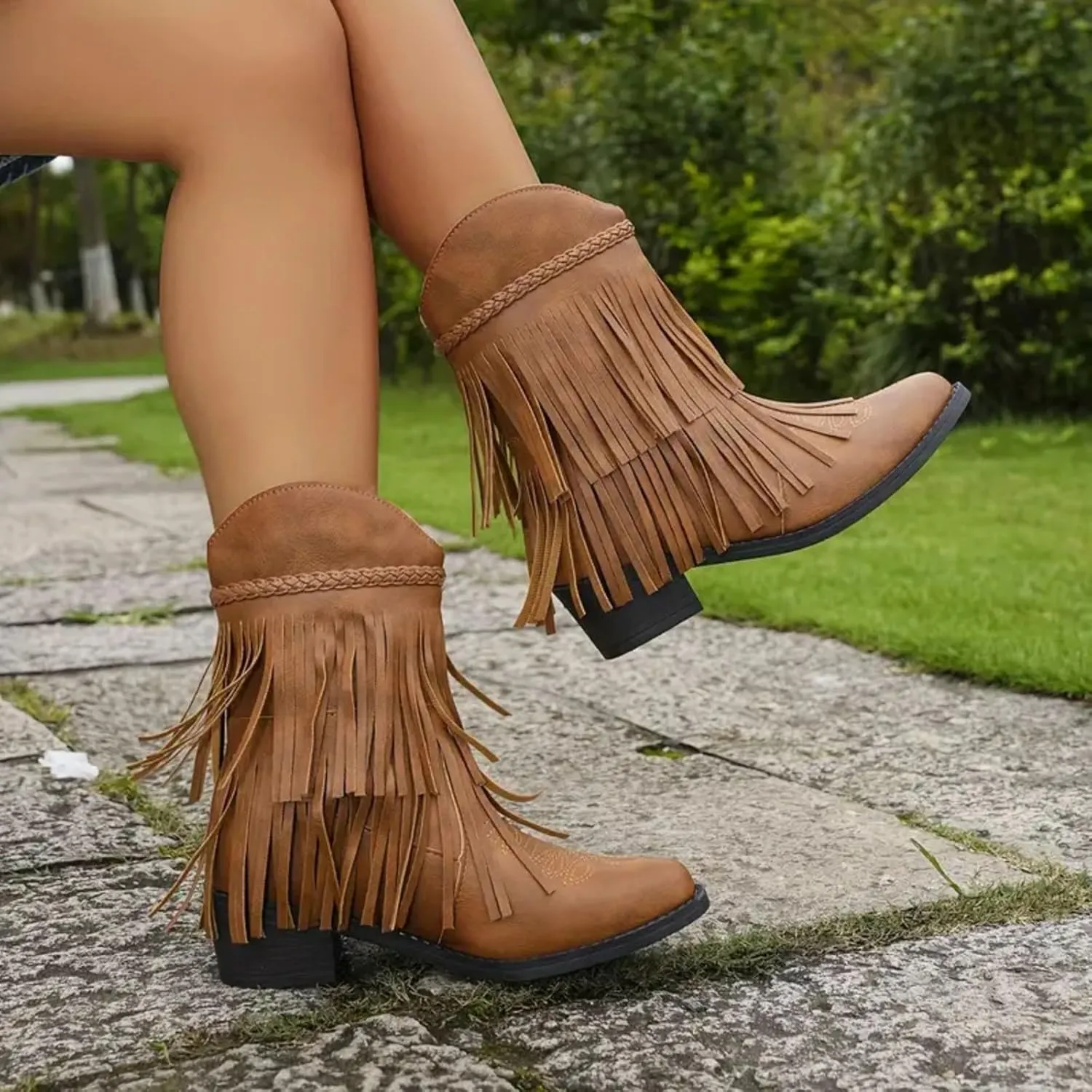 Ankle Boots for Women Dressy Winter Boots for Women 2024 Large Size V Cutout Tassel Chunky Heel Sleeve Short Booties