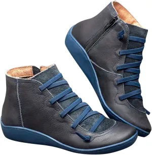 Ankle Boots for Women Low Heel Lace Up Arch Support Boots Side Zipper Vintage Leather Damping Shoes Flat Heel Boots