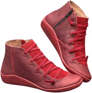 Ankle Boots for Women Low Heel Lace Up Arch Support Boots Side Zipper Vintage Leather Damping Shoes Flat Heel Boots