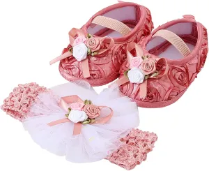 Baby Shoes Plus Headband Set Cute Baby Princess Shoes with Dress Shoes Toddler Shoes Youth Indoor Soccer Shoe (Hot Pink, 3.5 Infant)