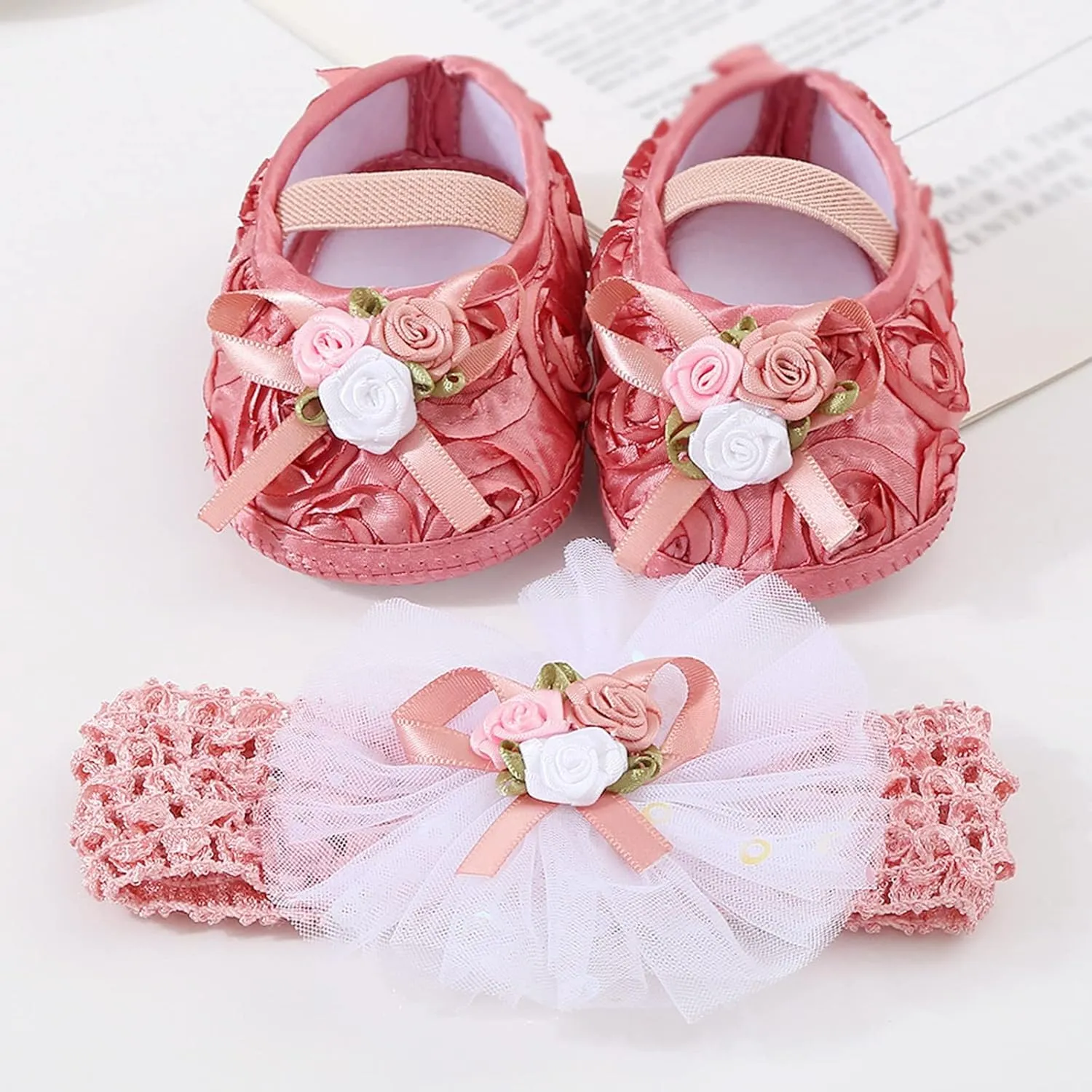 Baby Shoes Plus Headband Set Cute Baby Princess Shoes with Dress Shoes Toddler Shoes Youth Indoor Soccer Shoe (Hot Pink, 3.5 Infant)
