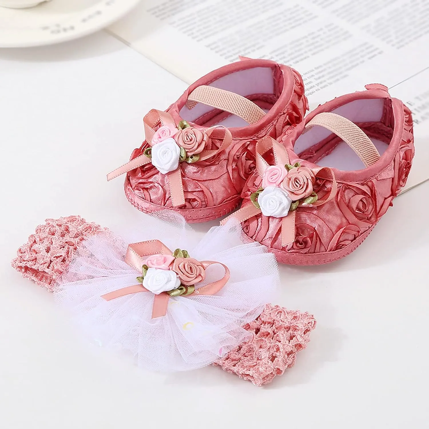 Baby Shoes Plus Headband Set Cute Baby Princess Shoes with Dress Shoes Toddler Shoes Youth Indoor Soccer Shoe (Hot Pink, 3.5 Infant)