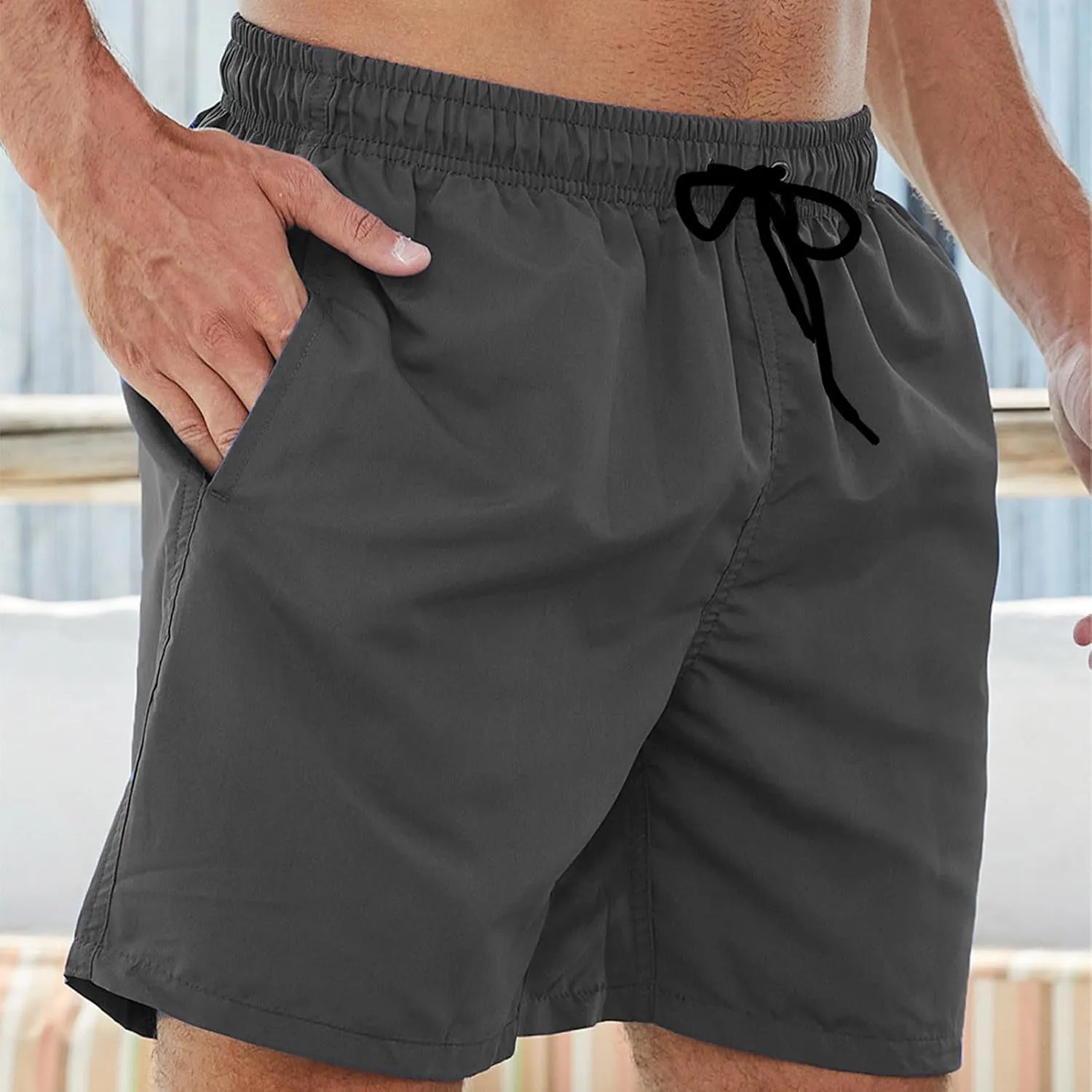 Bathing Suits for Men Beach Surfing Breathable Quick Dry Solid Basic Swimsuits Elastic Waist Drawstring Board Shorts