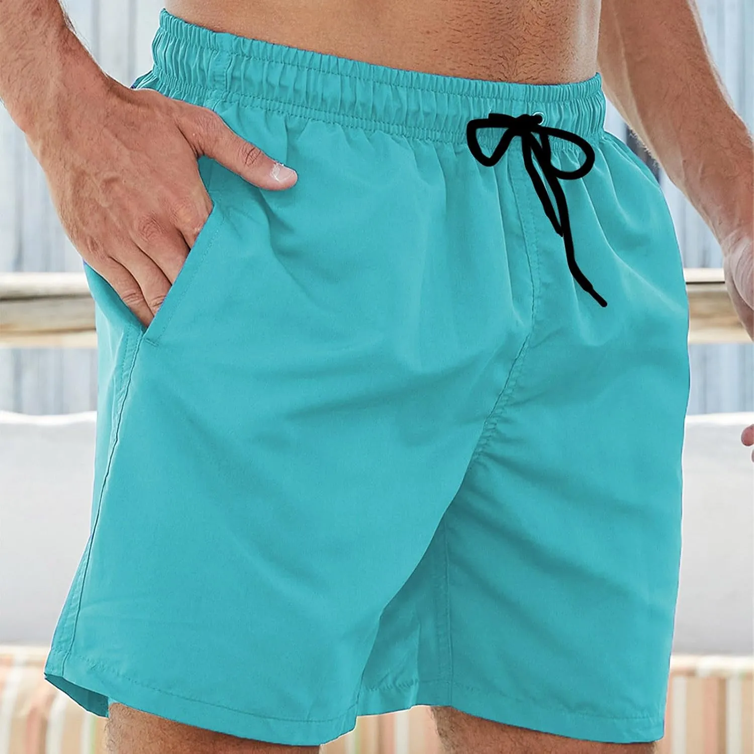 Bathing Suits for Men Beach Surfing Breathable Quick Dry Solid Basic Swimsuits Elastic Waist Drawstring Board Shorts