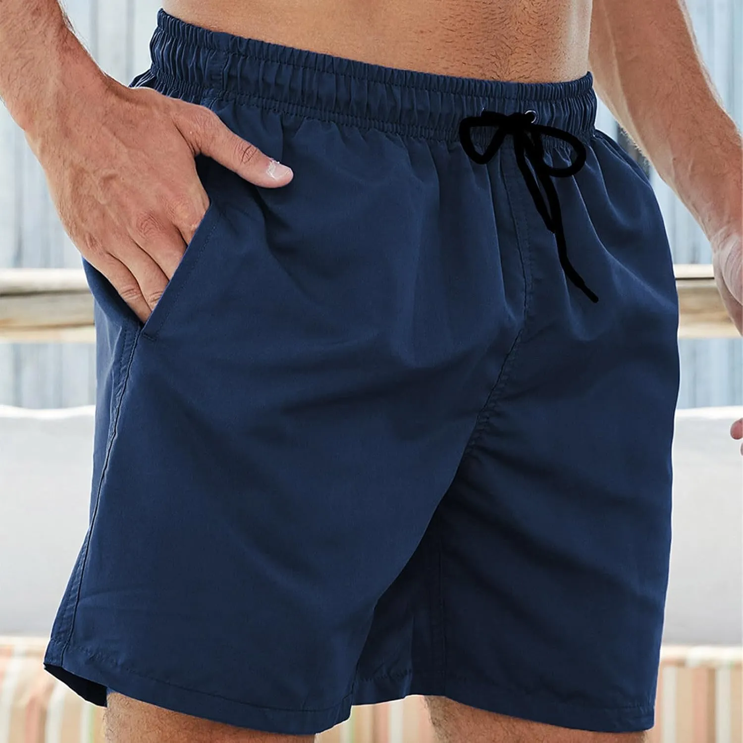 Bathing Suits for Men Beach Surfing Breathable Quick Dry Solid Basic Swimsuits Elastic Waist Drawstring Board Shorts