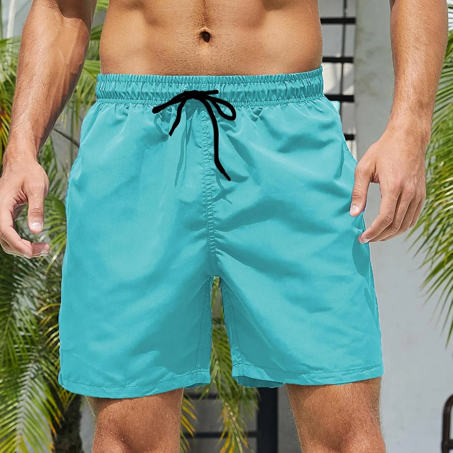 Bathing Suits for Men Beach Surfing Breathable Quick Dry Solid Basic Swimsuits Elastic Waist Drawstring Board Shorts