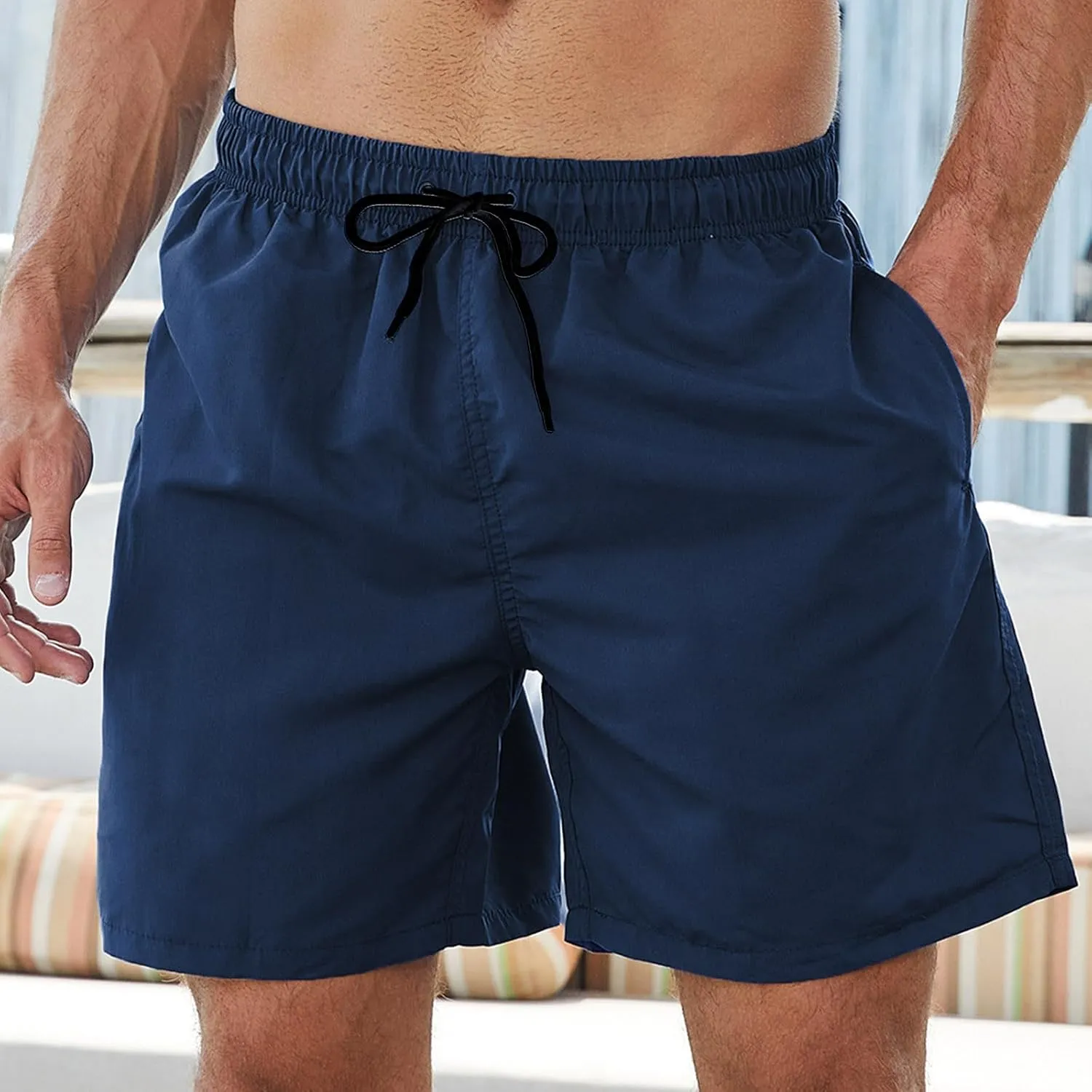 Bathing Suits for Men Beach Surfing Breathable Quick Dry Solid Basic Swimsuits Elastic Waist Drawstring Board Shorts