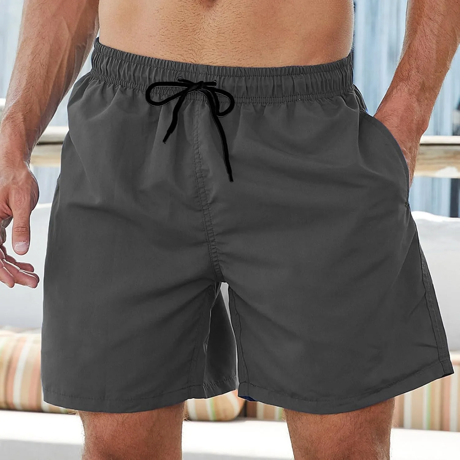 Bathing Suits for Men Beach Surfing Breathable Quick Dry Solid Basic Swimsuits Elastic Waist Drawstring Board Shorts