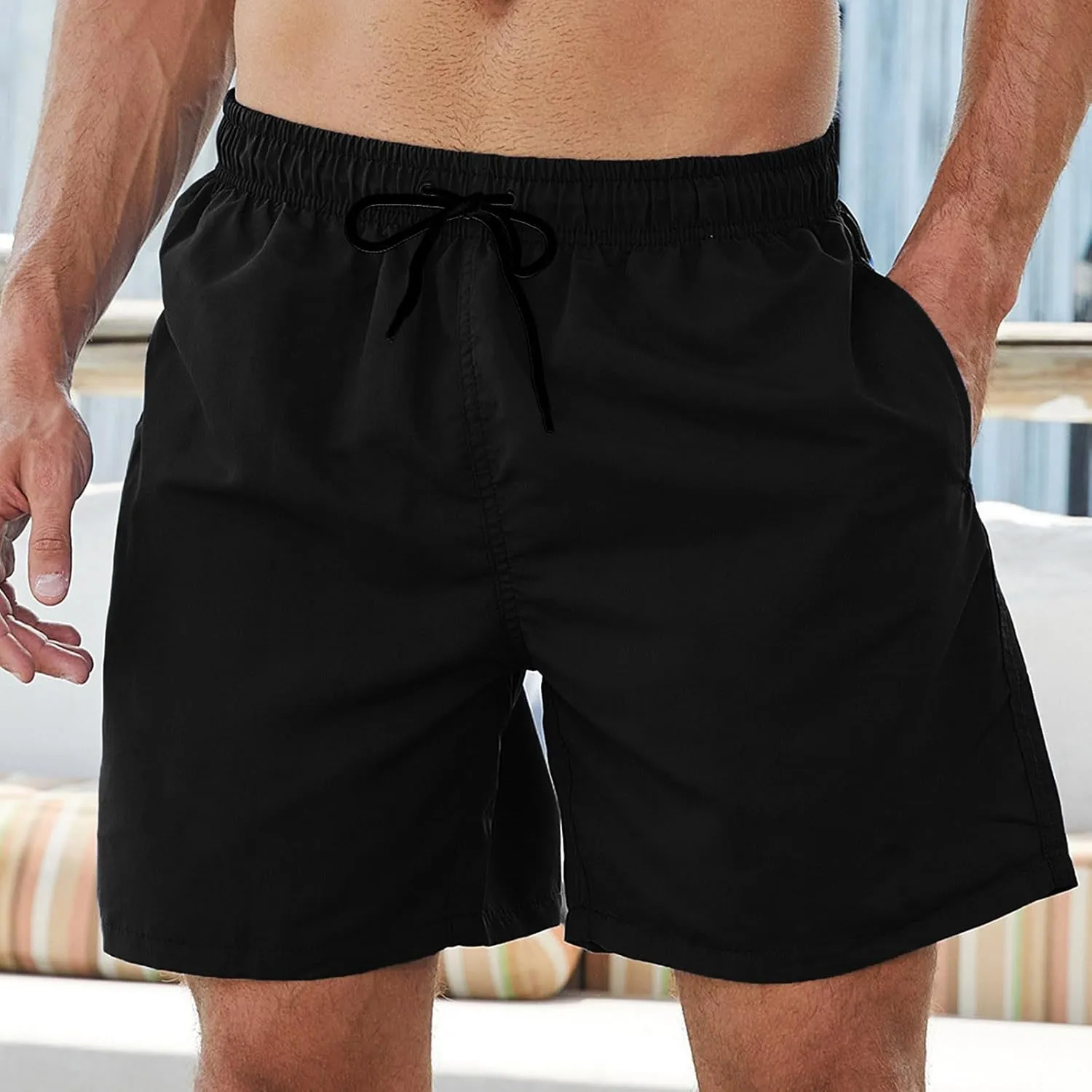 Bathing Suits for Men Beach Surfing Breathable Quick Dry Solid Basic Swimsuits Elastic Waist Drawstring Board Shorts
