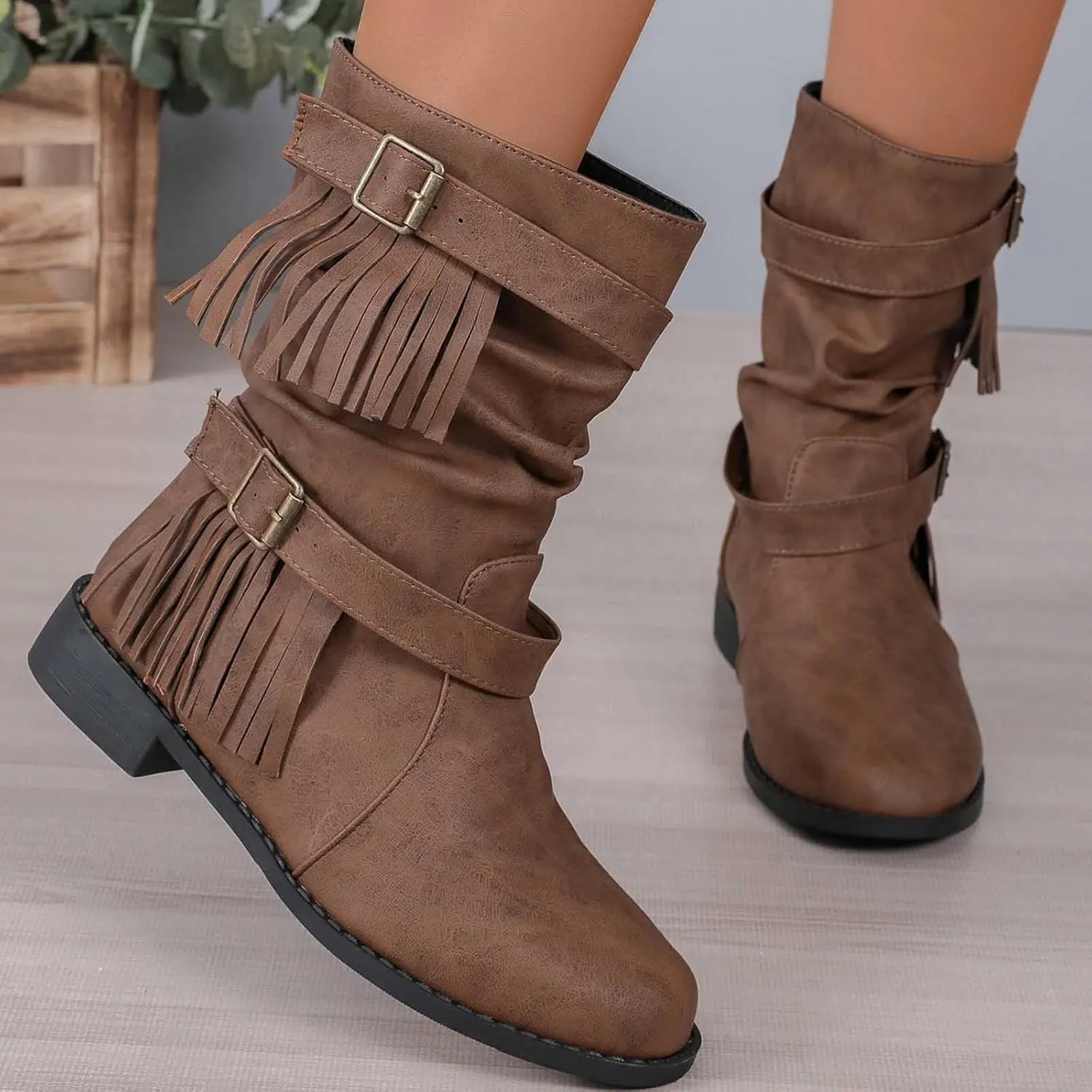 Black Boots Womens Tassel Buckle Flat Boots Round Toe Cigarette Boots Fashion Casual Large Size Mid Calf Boots