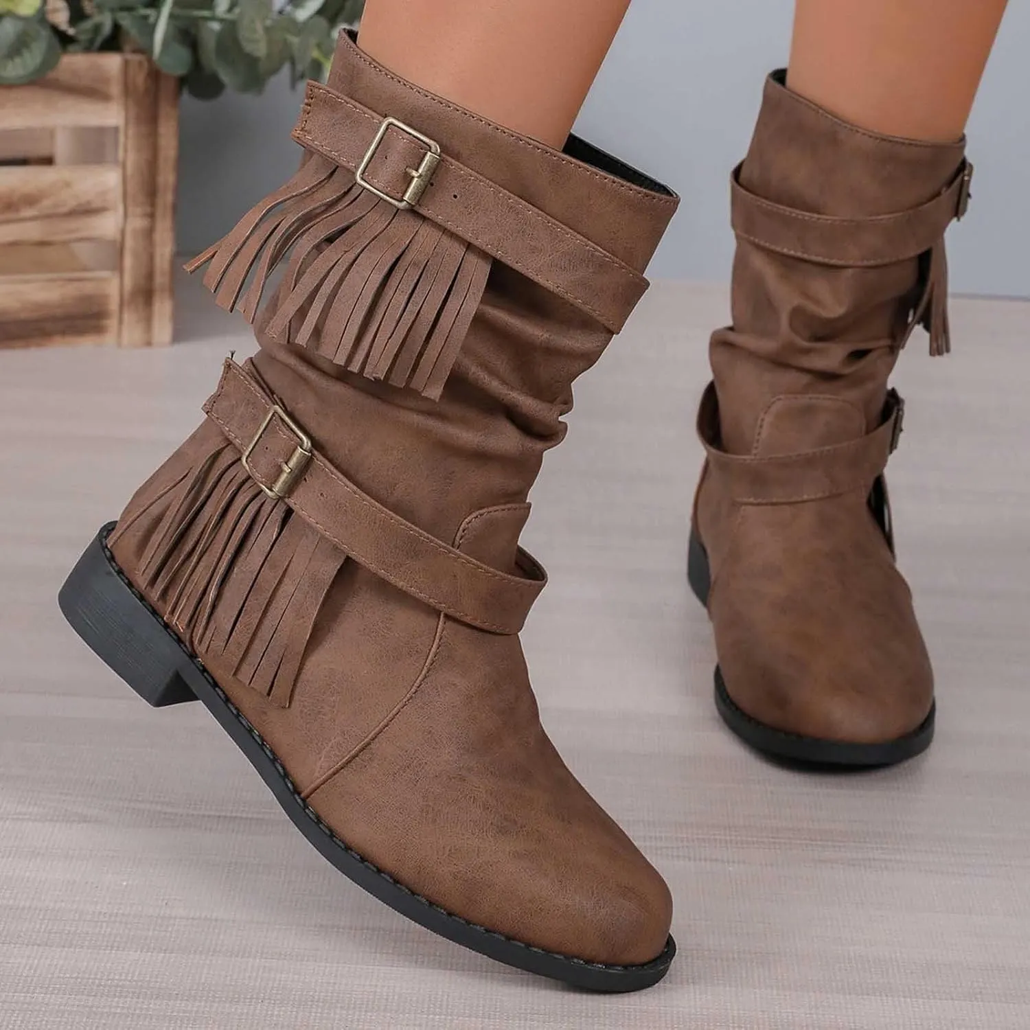 Black Boots Womens Tassel Buckle Flat Boots Round Toe Cigarette Boots Fashion Casual Large Size Mid Calf Boots
