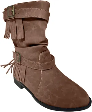 Black Boots Womens Tassel Buckle Flat Boots Round Toe Cigarette Boots Fashion Casual Large Size Mid Calf Boots
