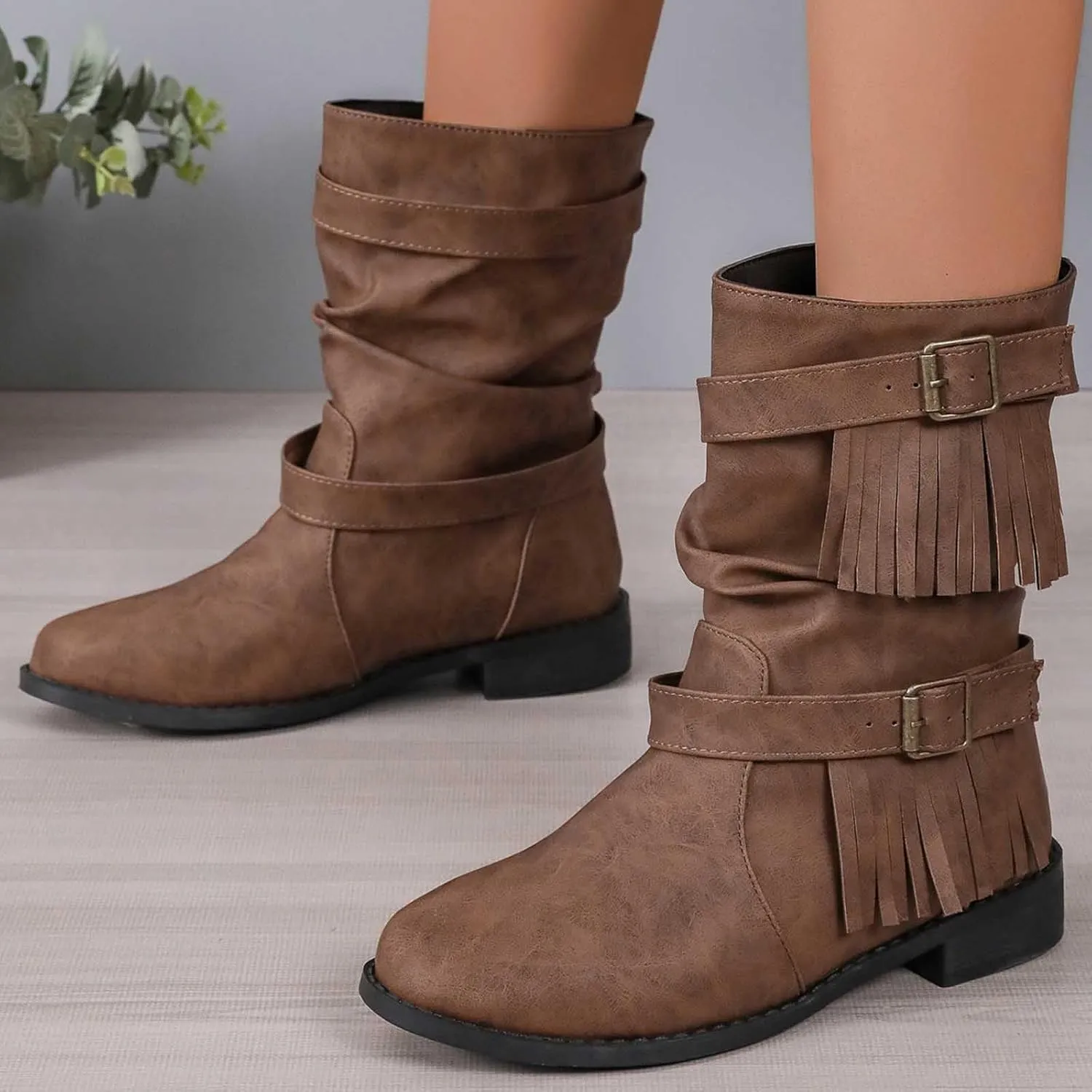 Black Boots Womens Tassel Buckle Flat Boots Round Toe Cigarette Boots Fashion Casual Large Size Mid Calf Boots