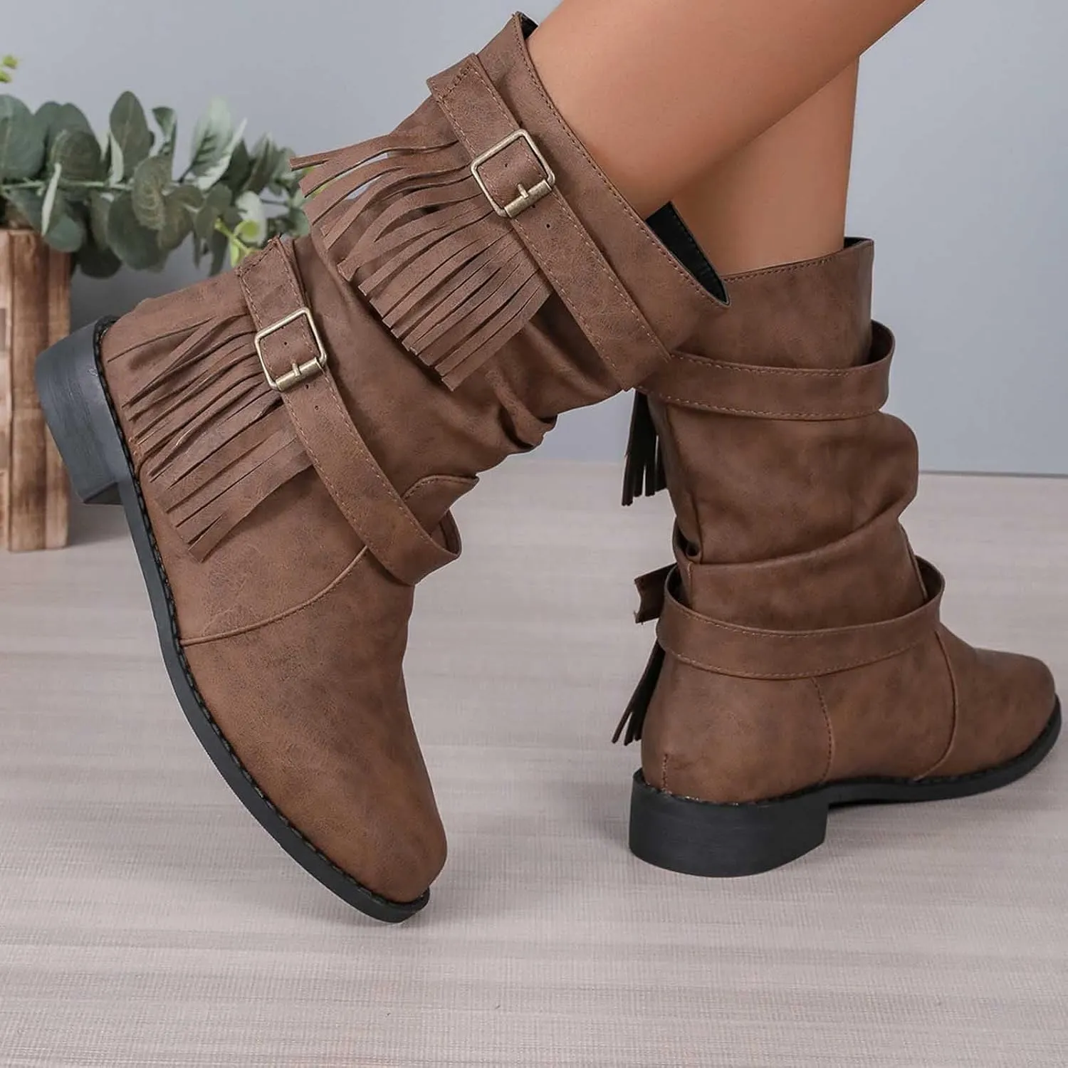 Black Boots Womens Tassel Buckle Flat Boots Round Toe Cigarette Boots Fashion Casual Large Size Mid Calf Boots