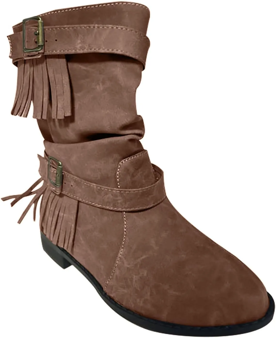 Black Boots Womens Tassel Buckle Flat Boots Round Toe Cigarette Boots Fashion Casual Large Size Mid Calf Boots