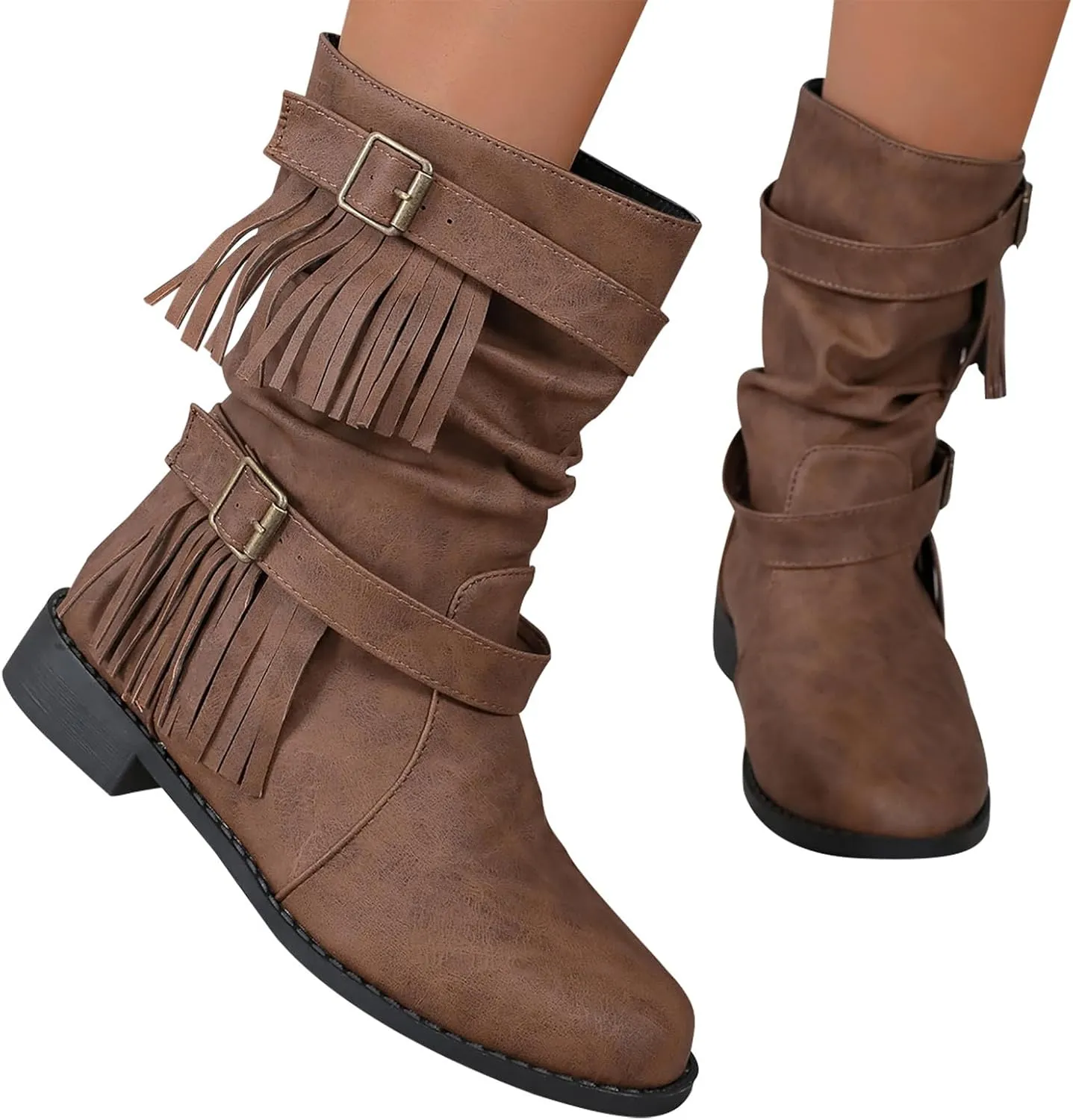 Black Boots Womens Tassel Buckle Flat Boots Round Toe Cigarette Boots Fashion Casual Large Size Mid Calf Boots