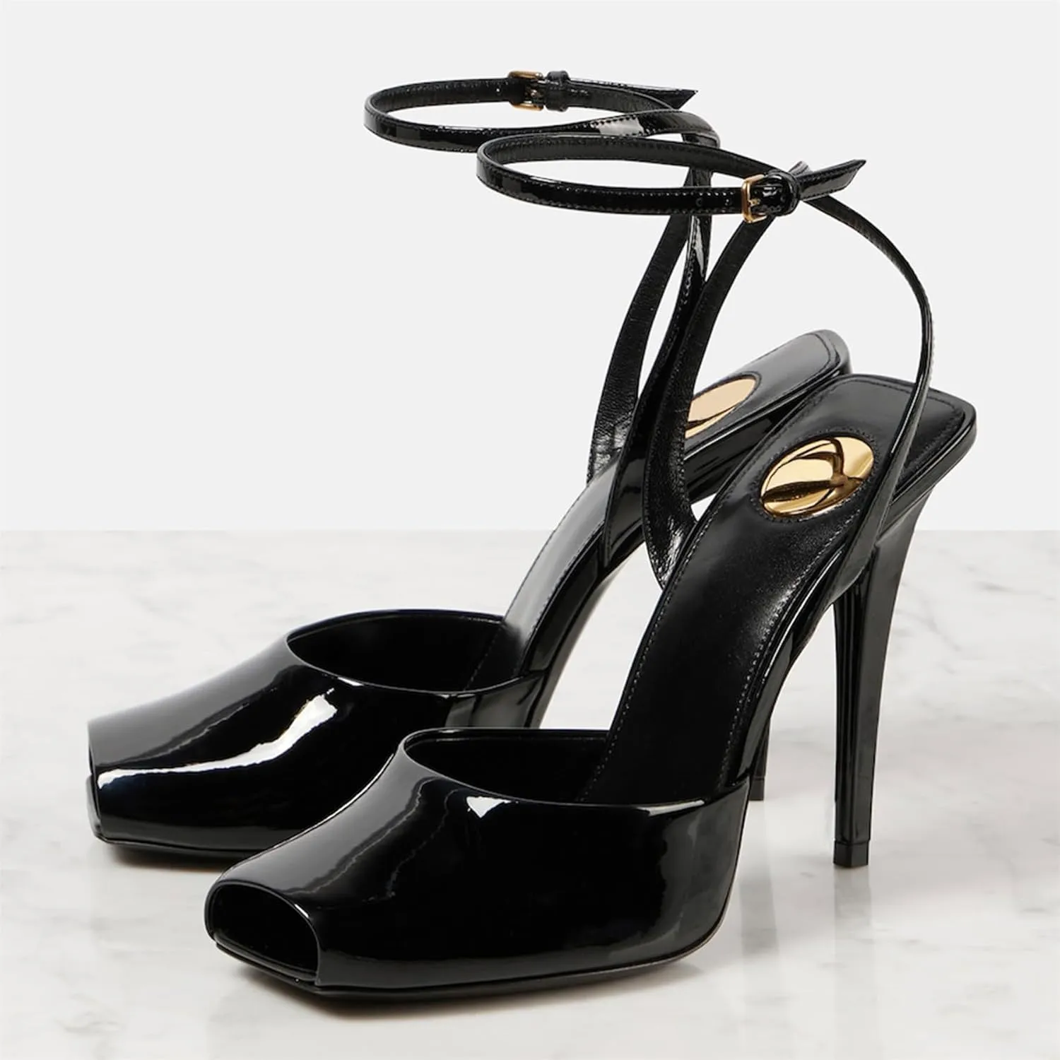 Black Peep Toe Heel Sandals for Women Square Backless Buckle Ankle Strap Stiletto High Heels Fashion Dressy Pumps