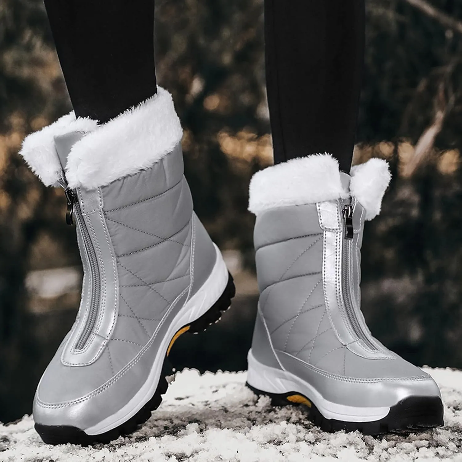 Black Snow Boots for Women Knee High Women's Waterproof Boots Women's Winter Fur Lined Ankle Boots Waterproof Cute Snow Boots for Woman Botas Nieve Trabajo