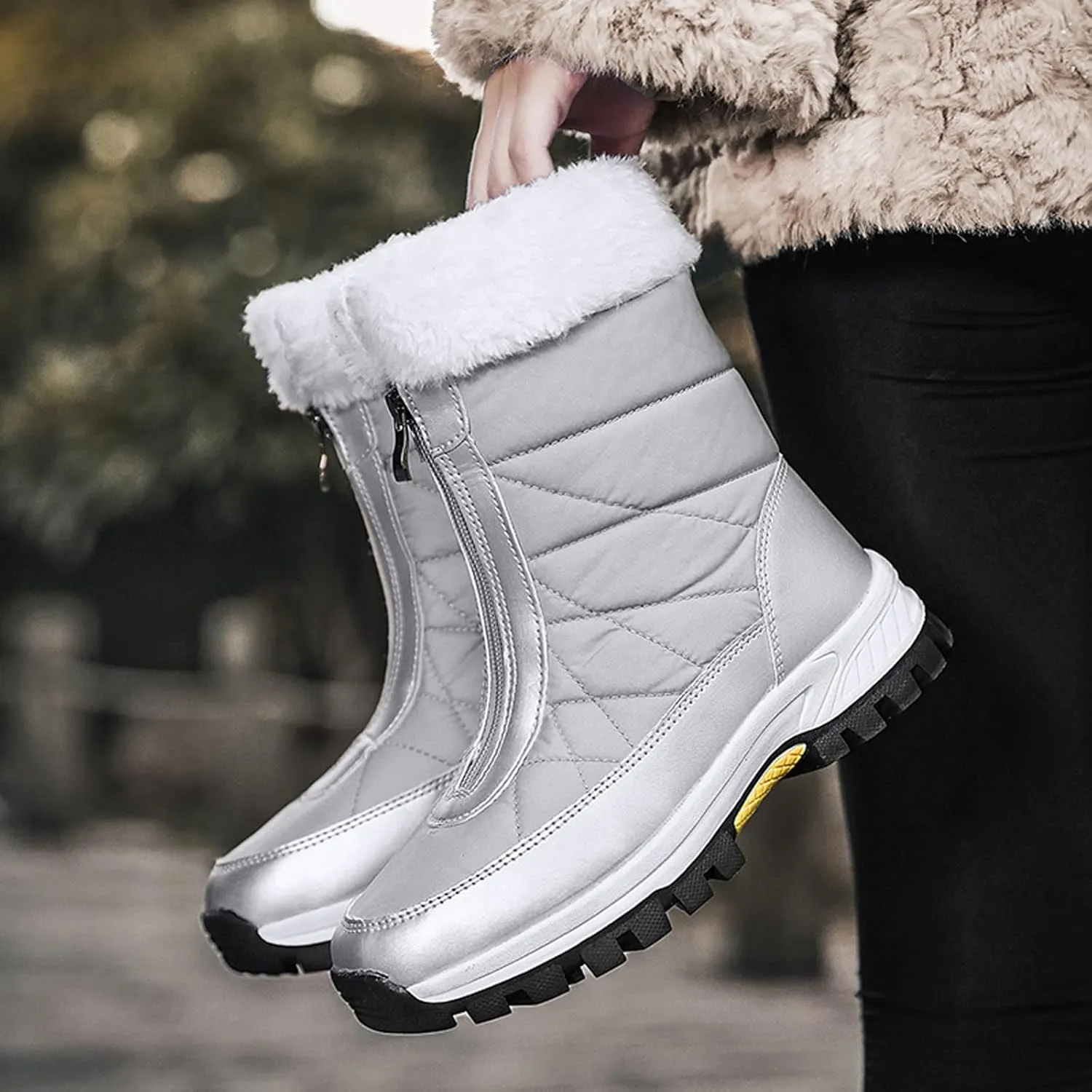 Black Snow Boots for Women Knee High Women's Waterproof Boots Women's Winter Fur Lined Ankle Boots Waterproof Cute Snow Boots for Woman Botas Nieve Trabajo