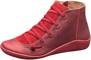 Booties for Women Arch Support Low Heel Booties Fashion Lace Up Zipper Boots Vintage Leather Short Booties