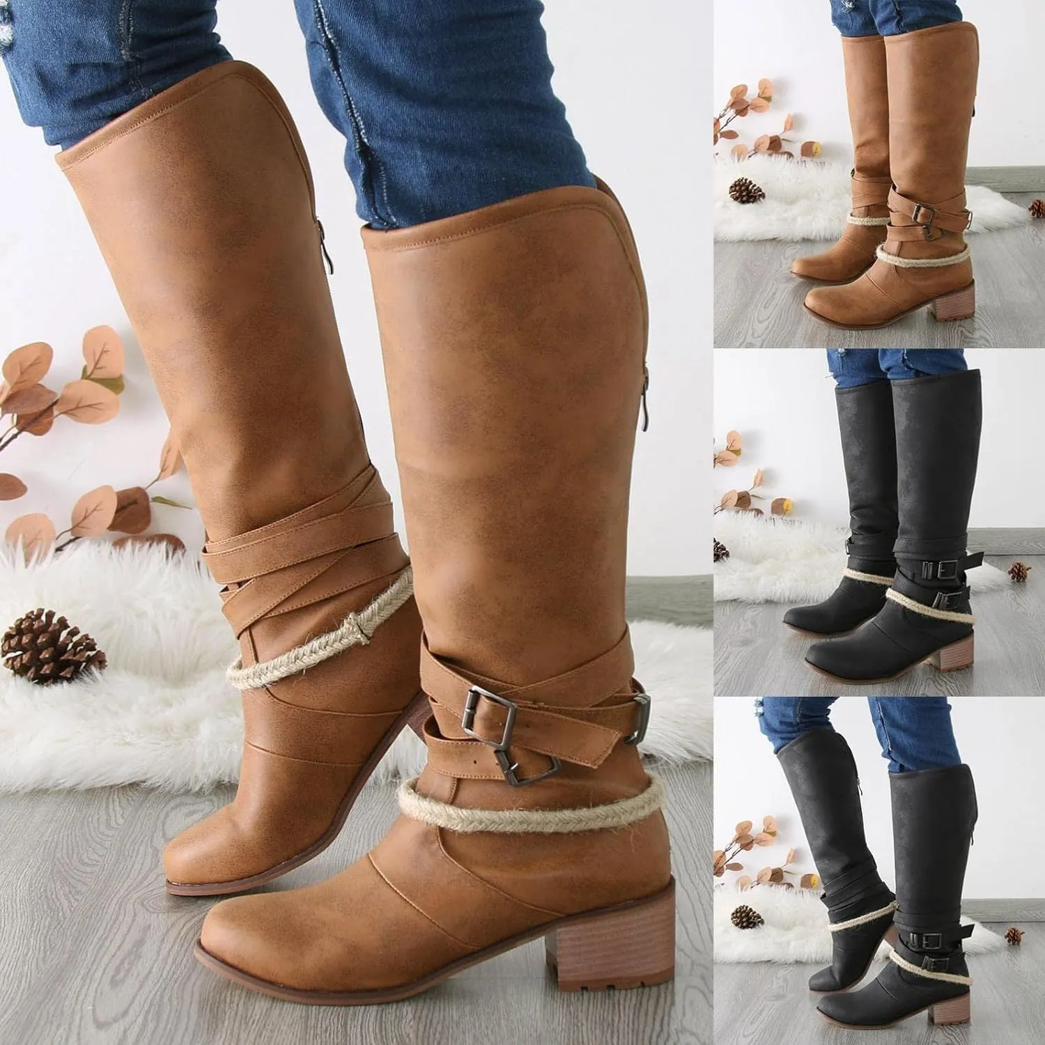 Booties for Women Western Cowgirl Cowboy Boots Wide Calf Round Toe Vintage Embroidered Pull On Boots Shoes