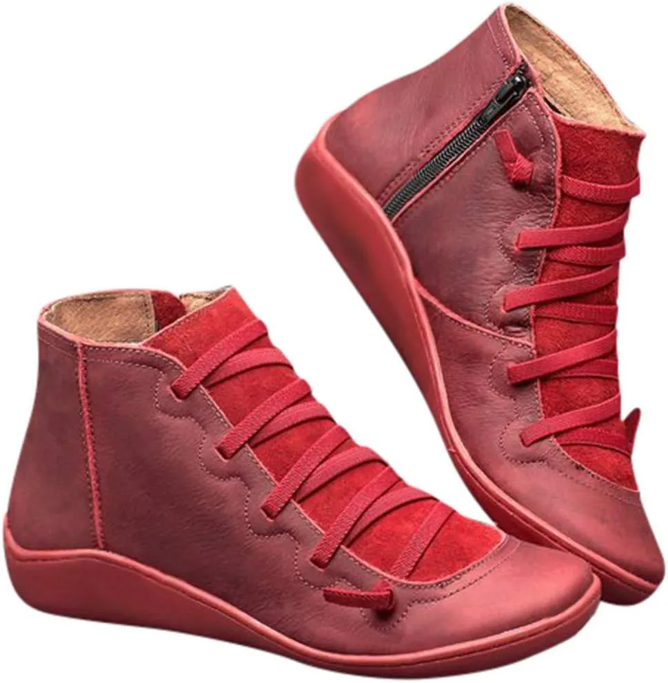 Boots for Women Low Heel Lace Up Arch Support Boots Side Zipper Vintage Leather Damping Shoes Flat Heel Boots