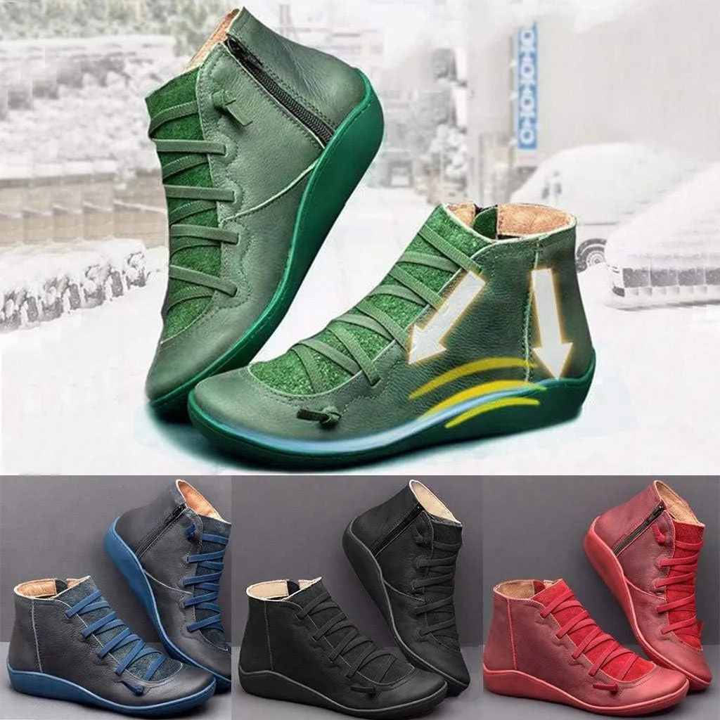Boots for Women Low Heel Lace Up Arch Support Boots Side Zipper Vintage Leather Damping Shoes Flat Heel Boots