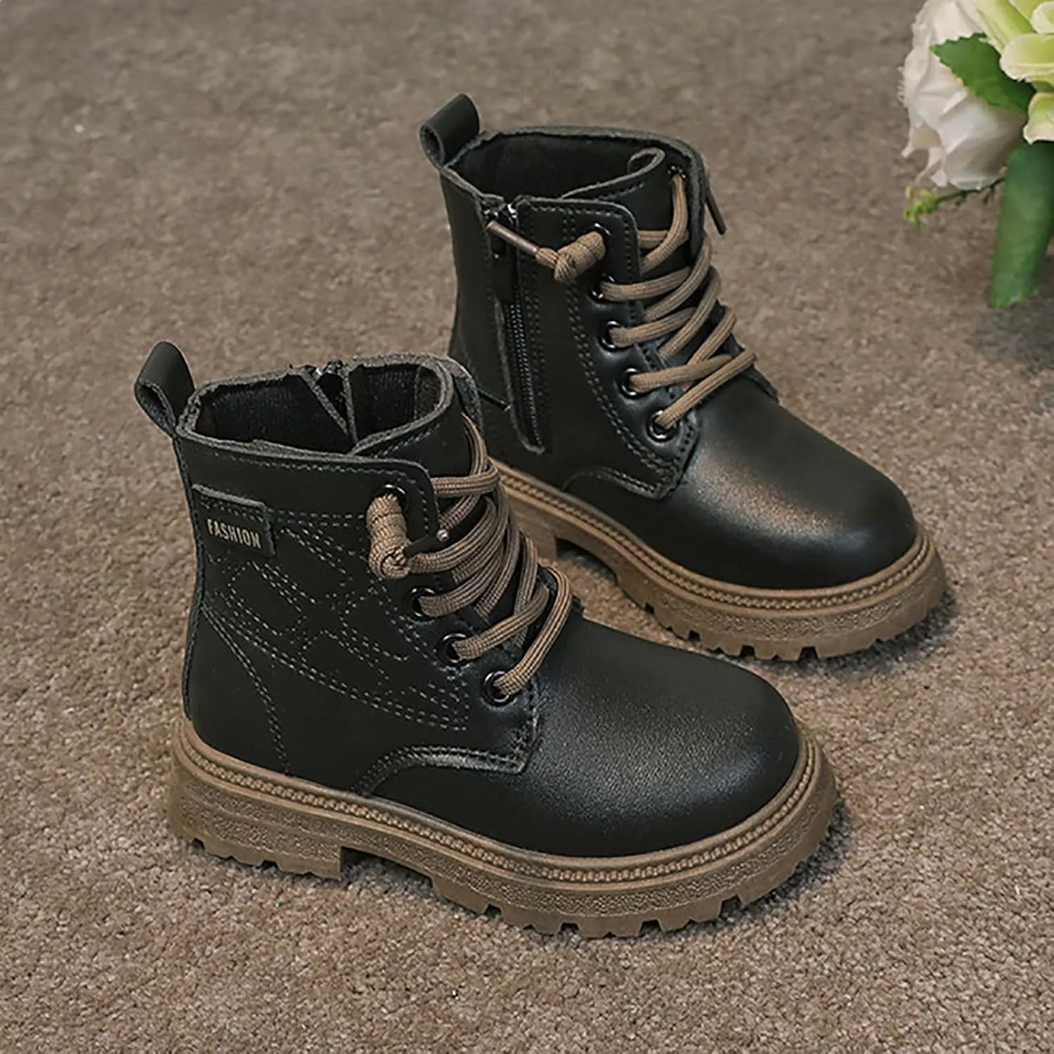 Boys Girls Ankle Boots Fashion Lace Up Combat Boots Soft Thick Bottom Riding Boots Platform Chelsea?Boots for Kids