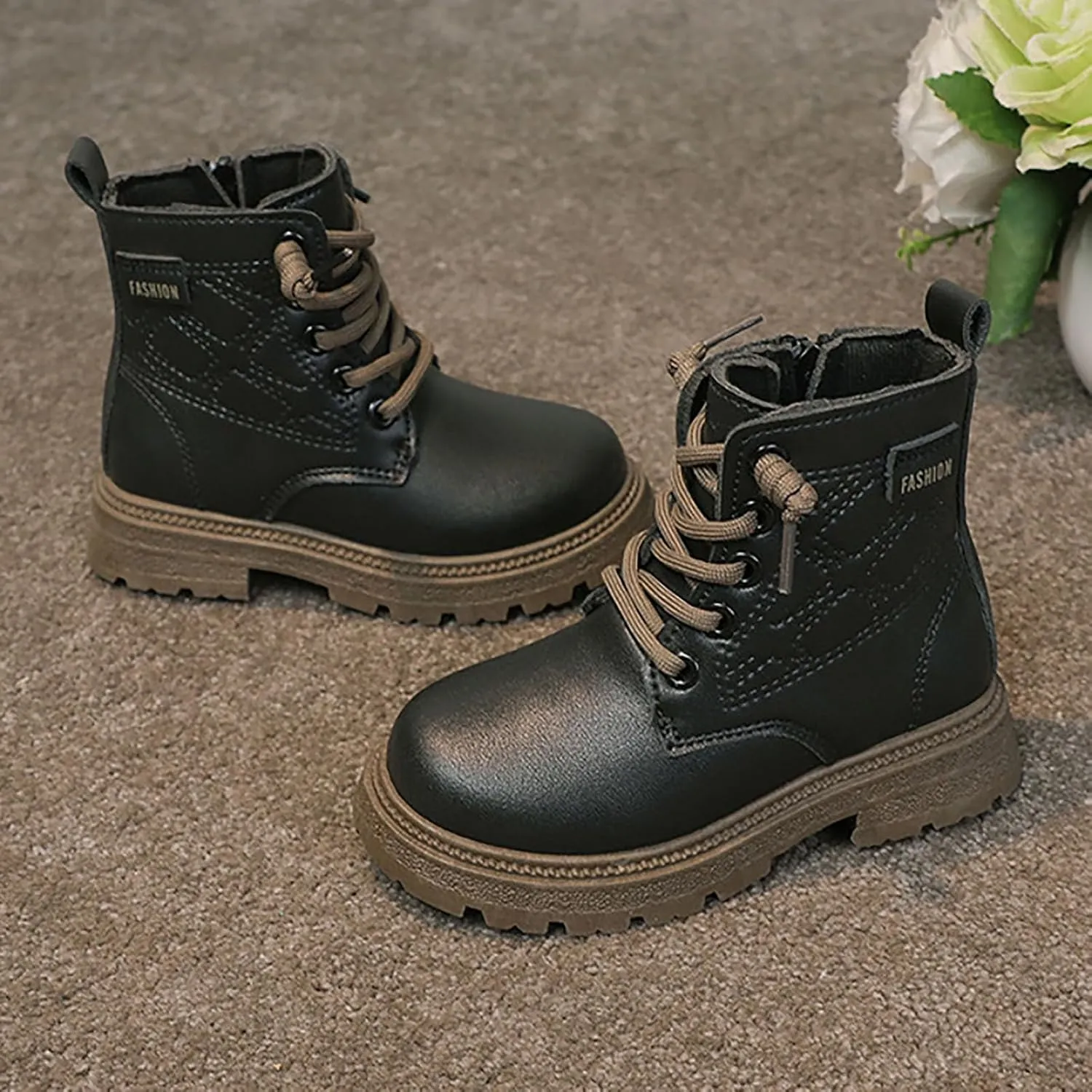 Boys Girls Ankle Boots Fashion Lace Up Combat Boots Soft Thick Bottom Riding Boots Platform Chelsea?Boots for Kids
