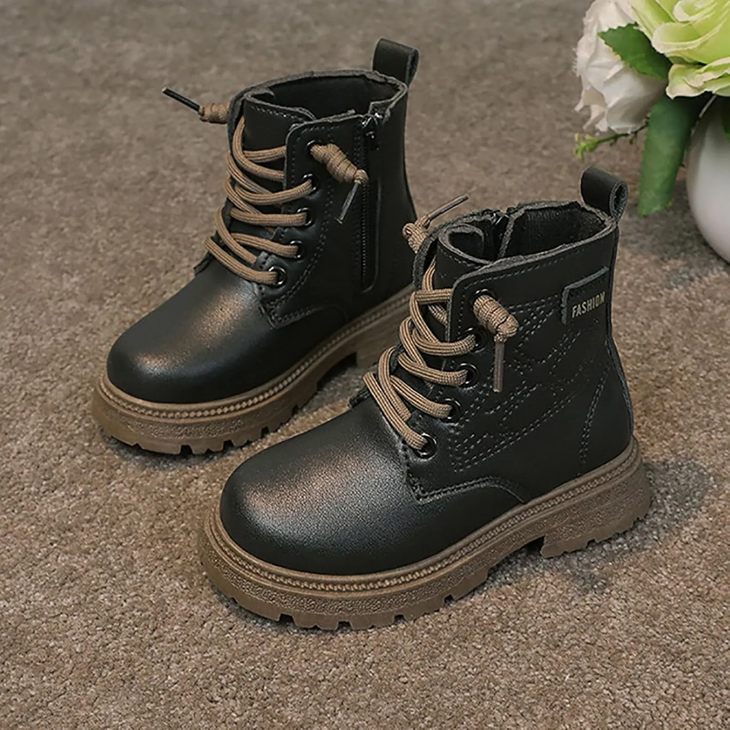 Boys Girls Ankle Boots Fashion Lace Up Combat Boots Soft Thick Bottom Riding Boots Platform Chelsea?Boots for Kids
